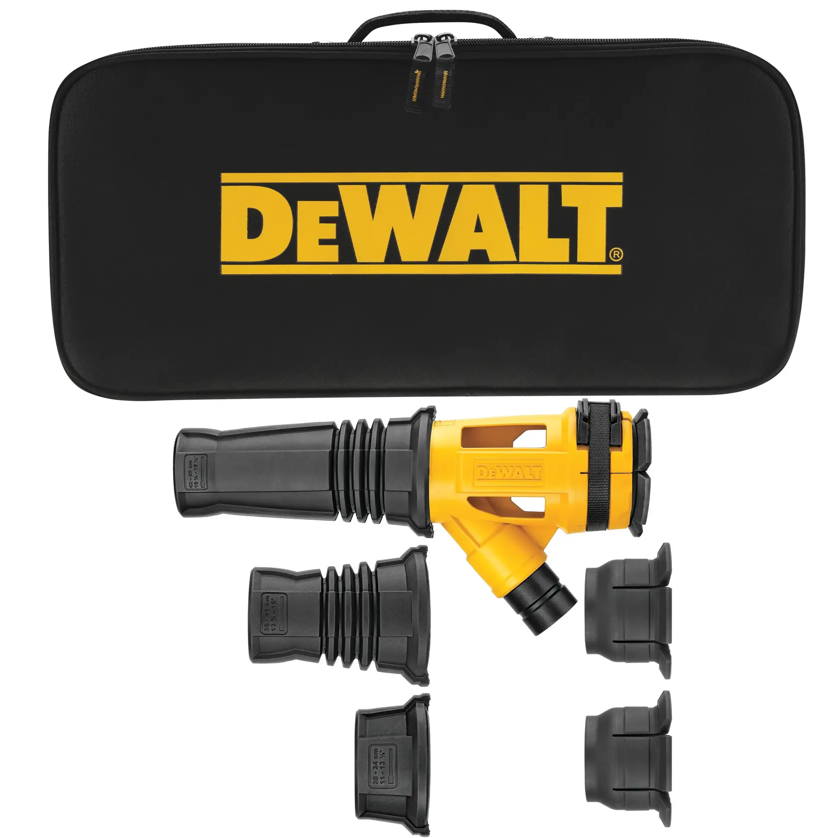 A DeWalt dust extractor accessory kit including a yellow and black dust extractor attachment with several black nozzle fittings and adapters, and a black carrying case with the DeWalt logo.