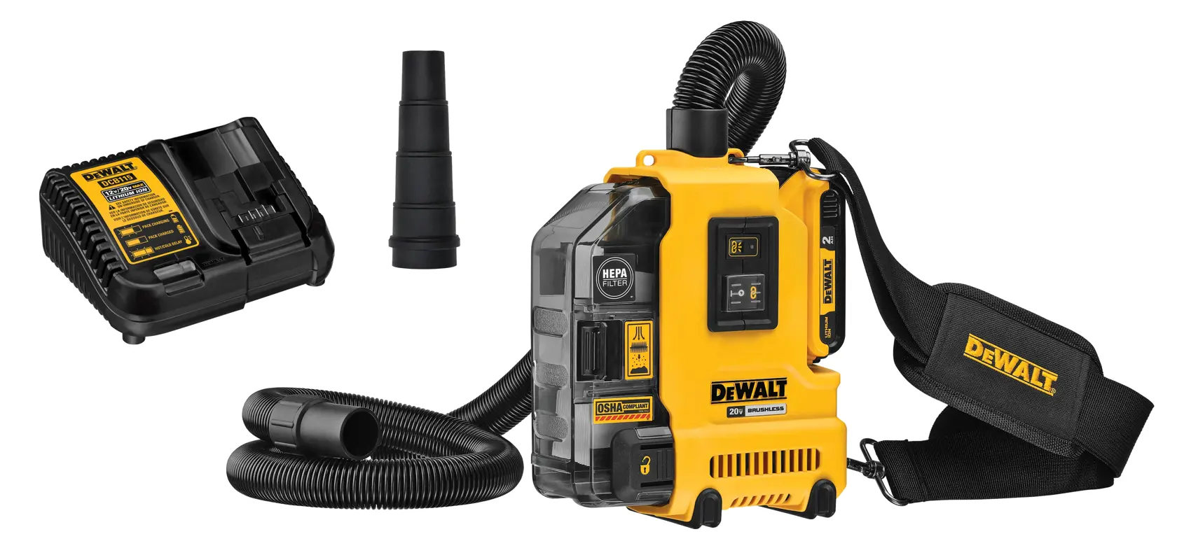 DEWALT portable dust extractor with hose, charger, nozzle and carrying strap, designed for tool dust collection.