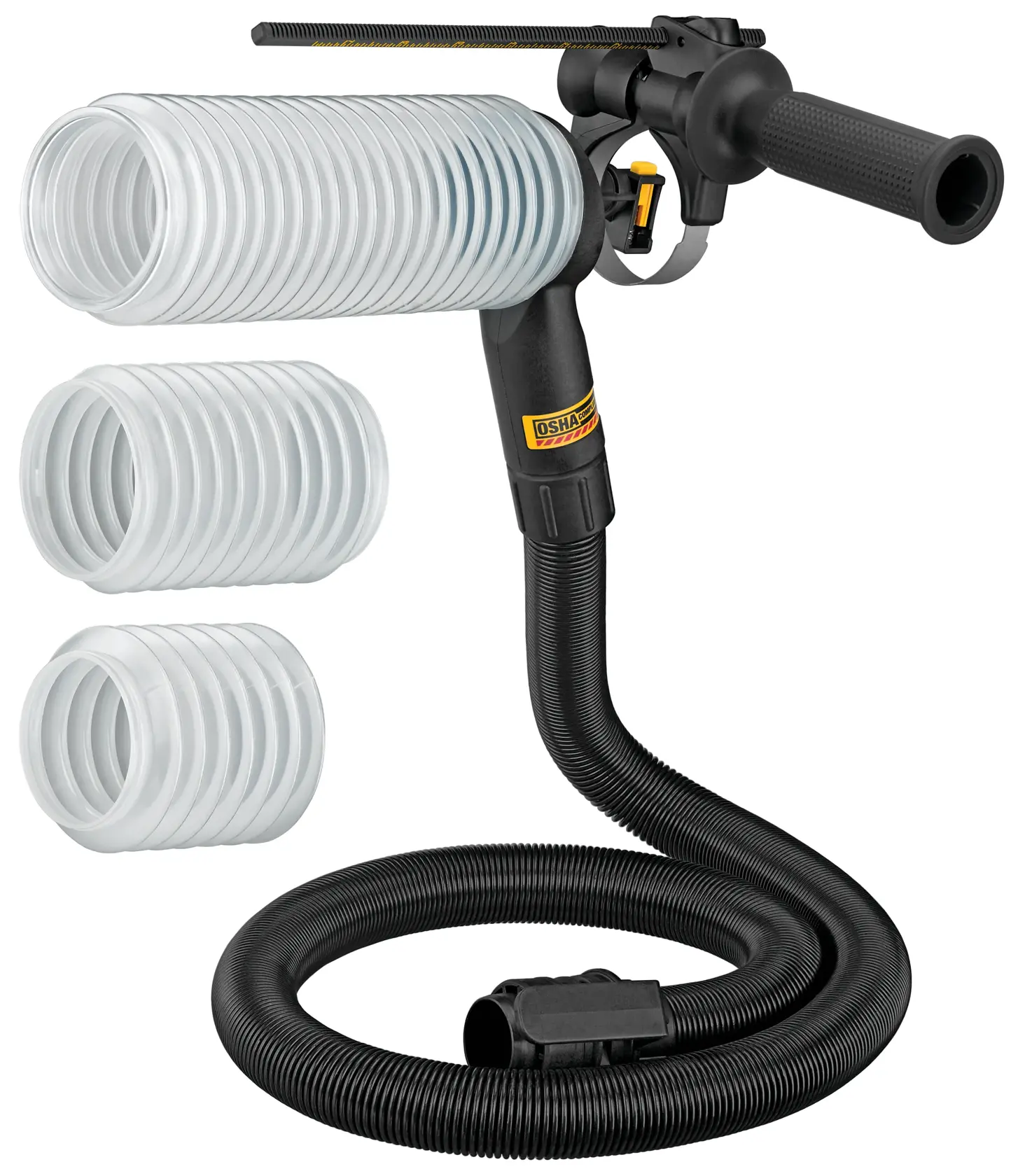 DEWALT DWH200D dust extraction attachment for rotary hammer drills, showing a black hose with handle and three transparent flexible tubes for collecting dust during drilling.