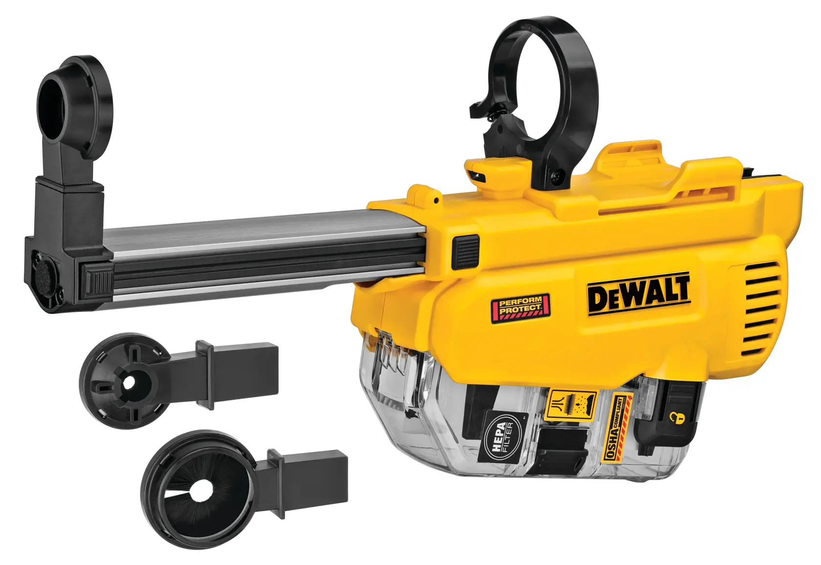 DEWALT DWH205DH dust extraction attachment featuring a yellow and black design, a transparent HEPA filter compartment, and several detachable parts for use with power tools.