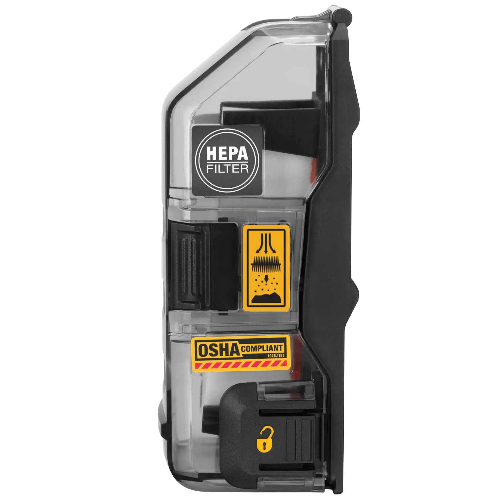 Side view of a DEWALT HEPA filter dust box with clear plastic casing, black latch, yellow filter indicator label, OSHA compliant sticker, and a lock symbol.