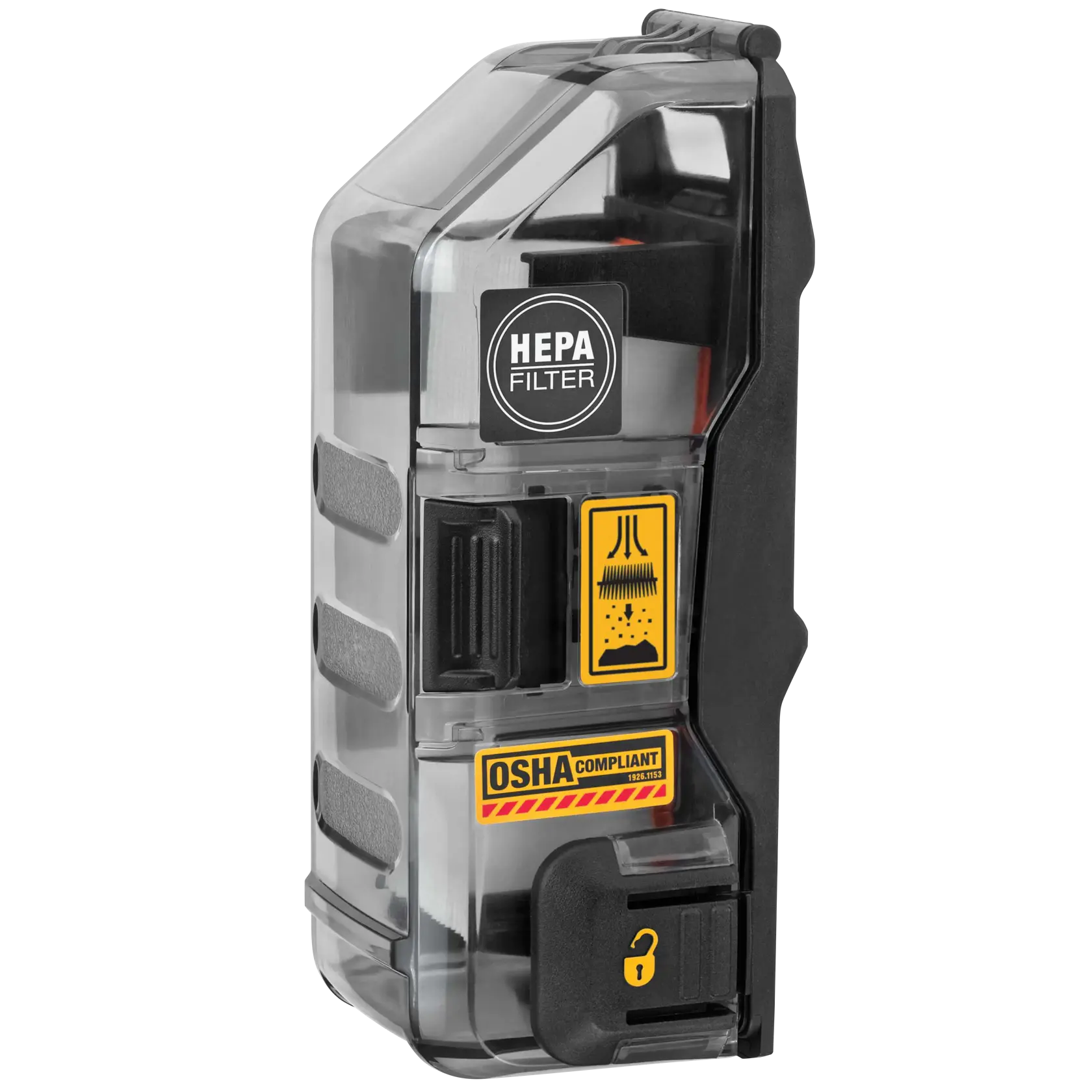 Close-up image of a DEWALT DWH302DH dust extractor attachment with HEPA filter for use with power tools. The transparent casing shows internal components, and labels indicate HEPA filter, OSHA compliance, and a lock symbol.