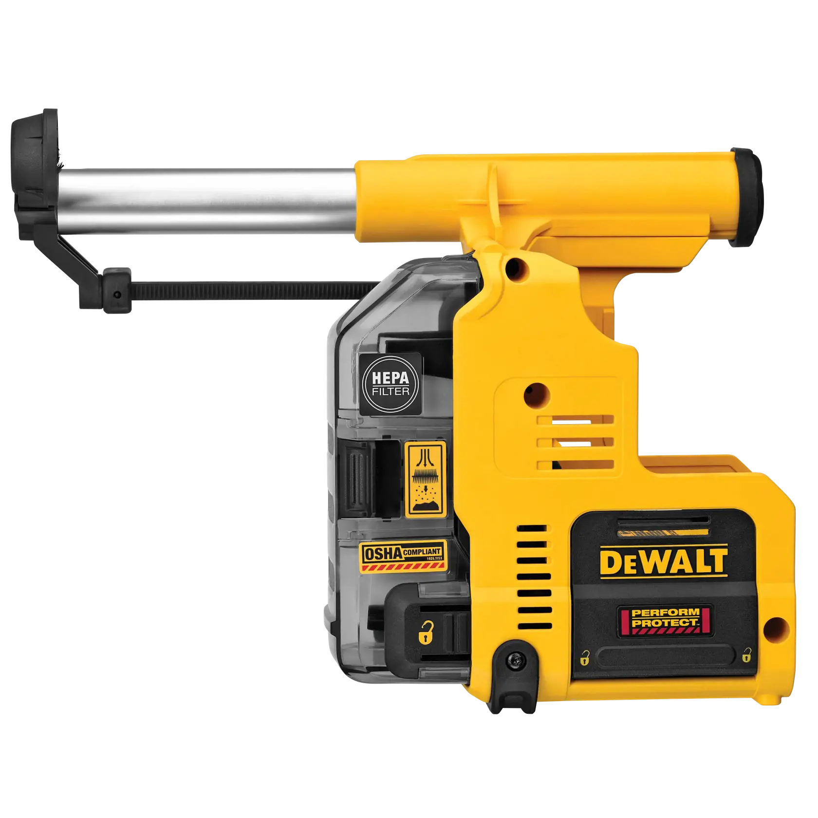 Side view of a DEWALT DWH303DH dust extraction system for power tools, featuring a yellow and black plastic body, HEPA filter label, and several safety and compliance stickers.