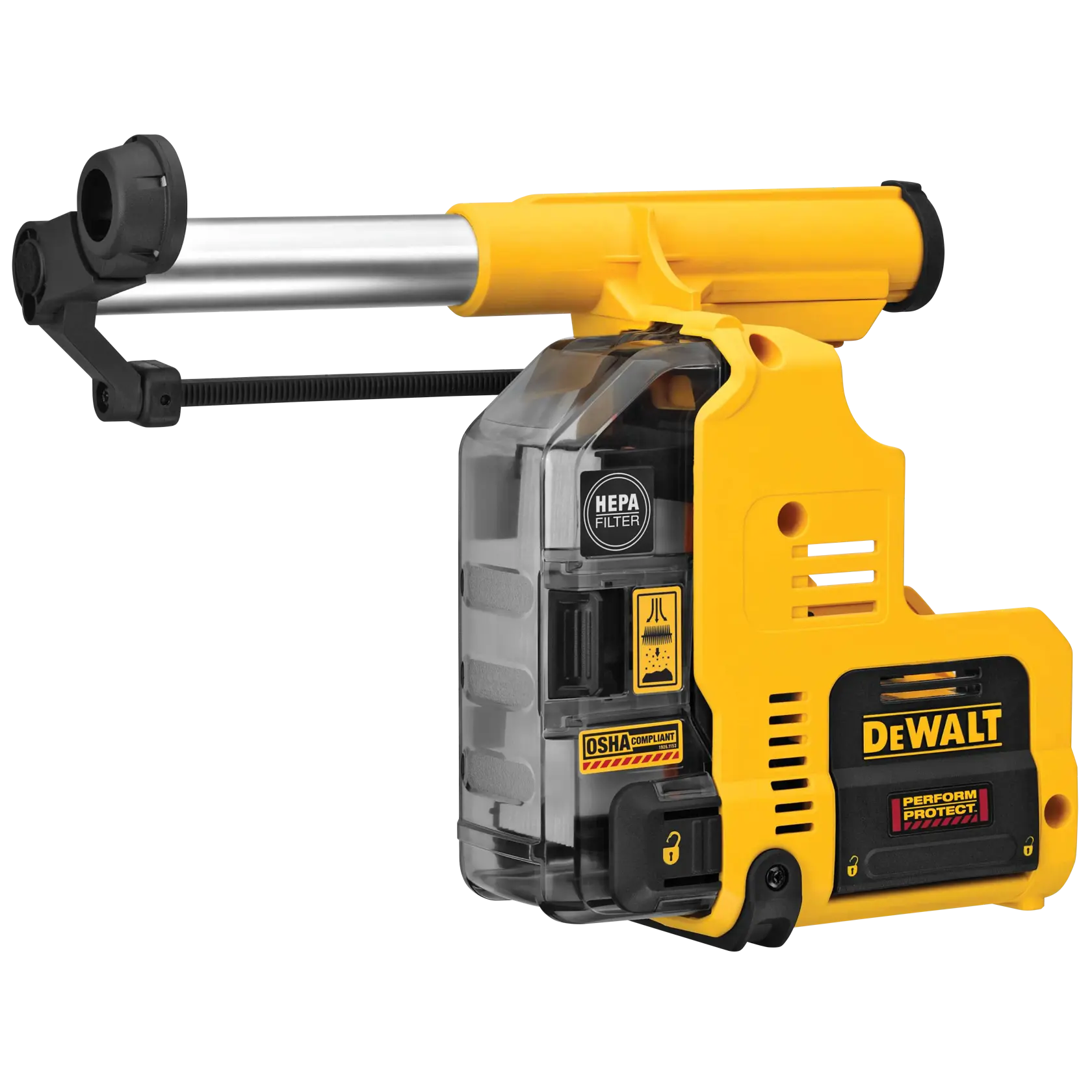A DEWALT dust extraction attachment for drills, featuring a HEPA filter and OSHA compliance labels. The device is mainly yellow and black, with a transparent dust collection section and extended tube.