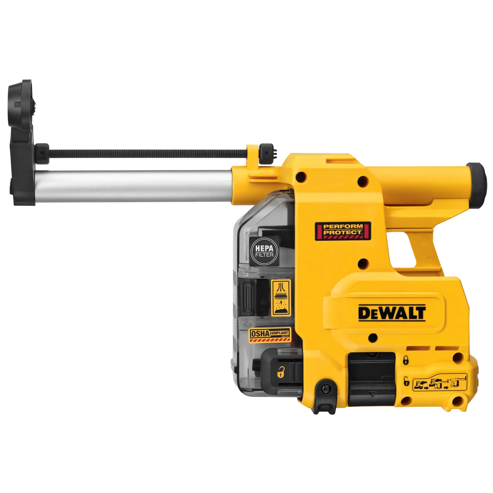 A yellow DEWALT branded attachment featuring a HEPA filter, labelled with OSHA compliance. It appears to be a dust extraction or collection unit for power tools, with a metal extending arm and various control buttons visible.