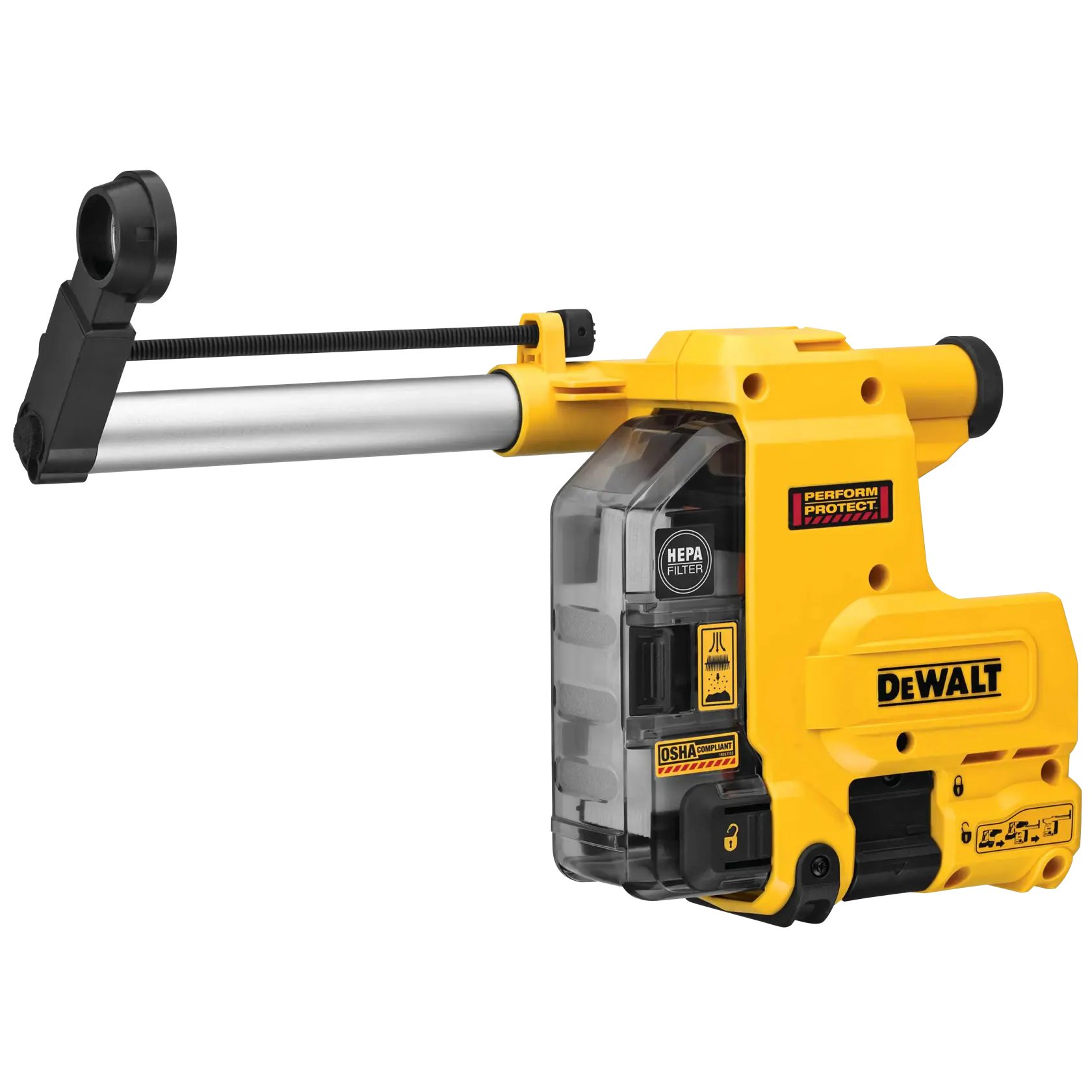 A DEWALT dust extraction attachment for power tools, featuring a HEPA filter and yellow casing with black and clear plastic parts.