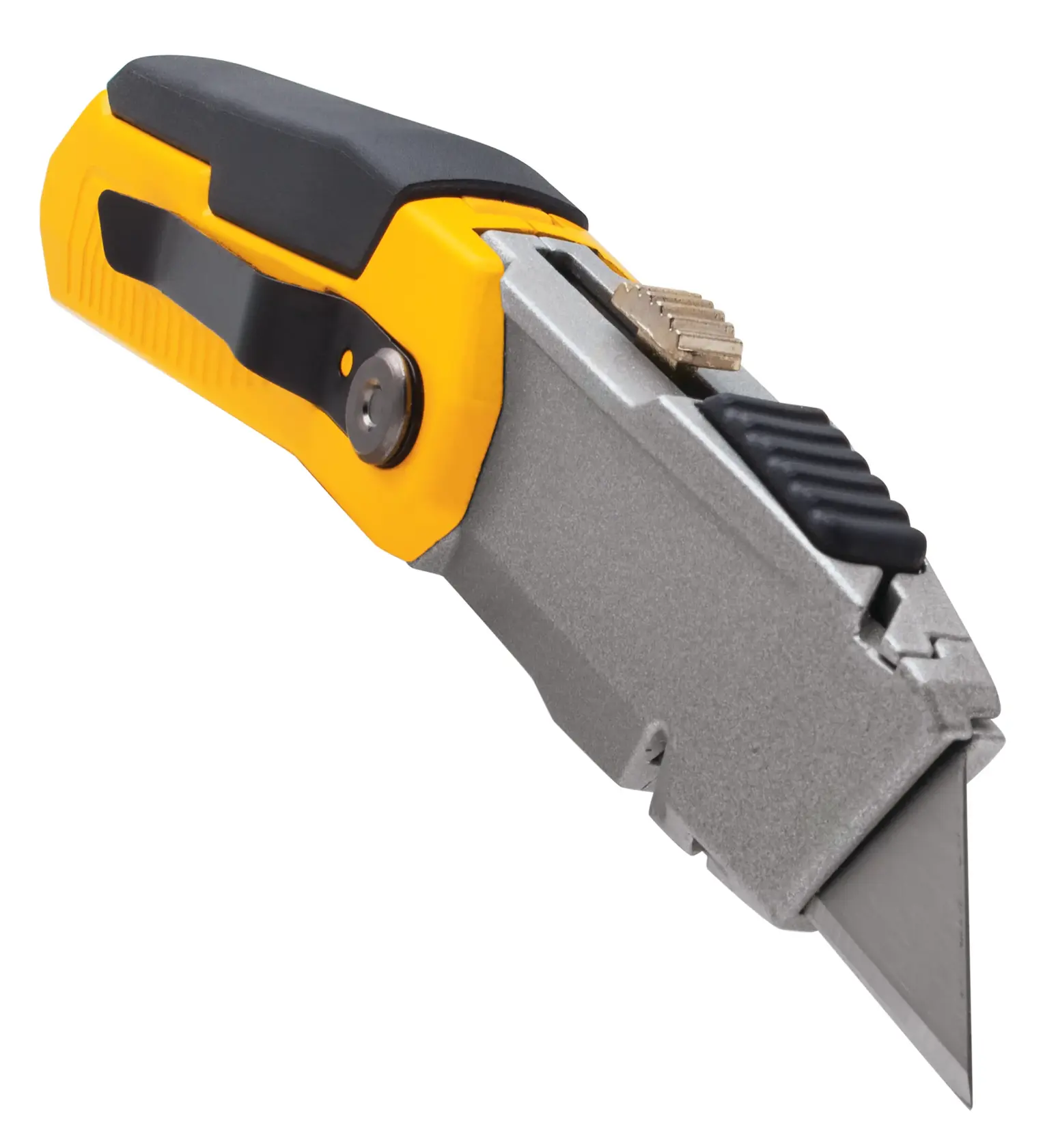 A DEWALT utility knife with a retractable blade, featuring a yellow and black ergonomic handle and a metal body, shown against a white background.