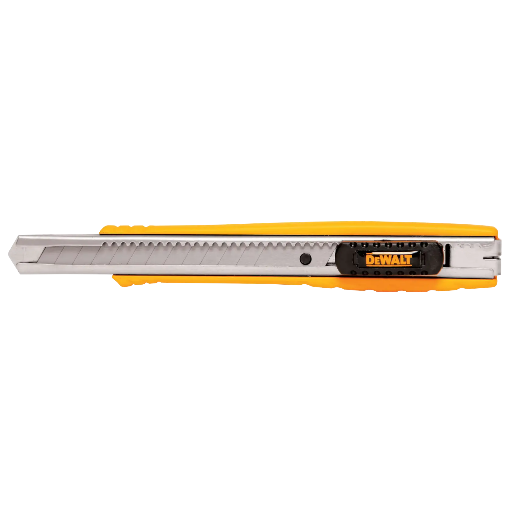 A DEWALT utility knife with a retractable segmented blade and a yellow and silver handle, shown in a side profile.
