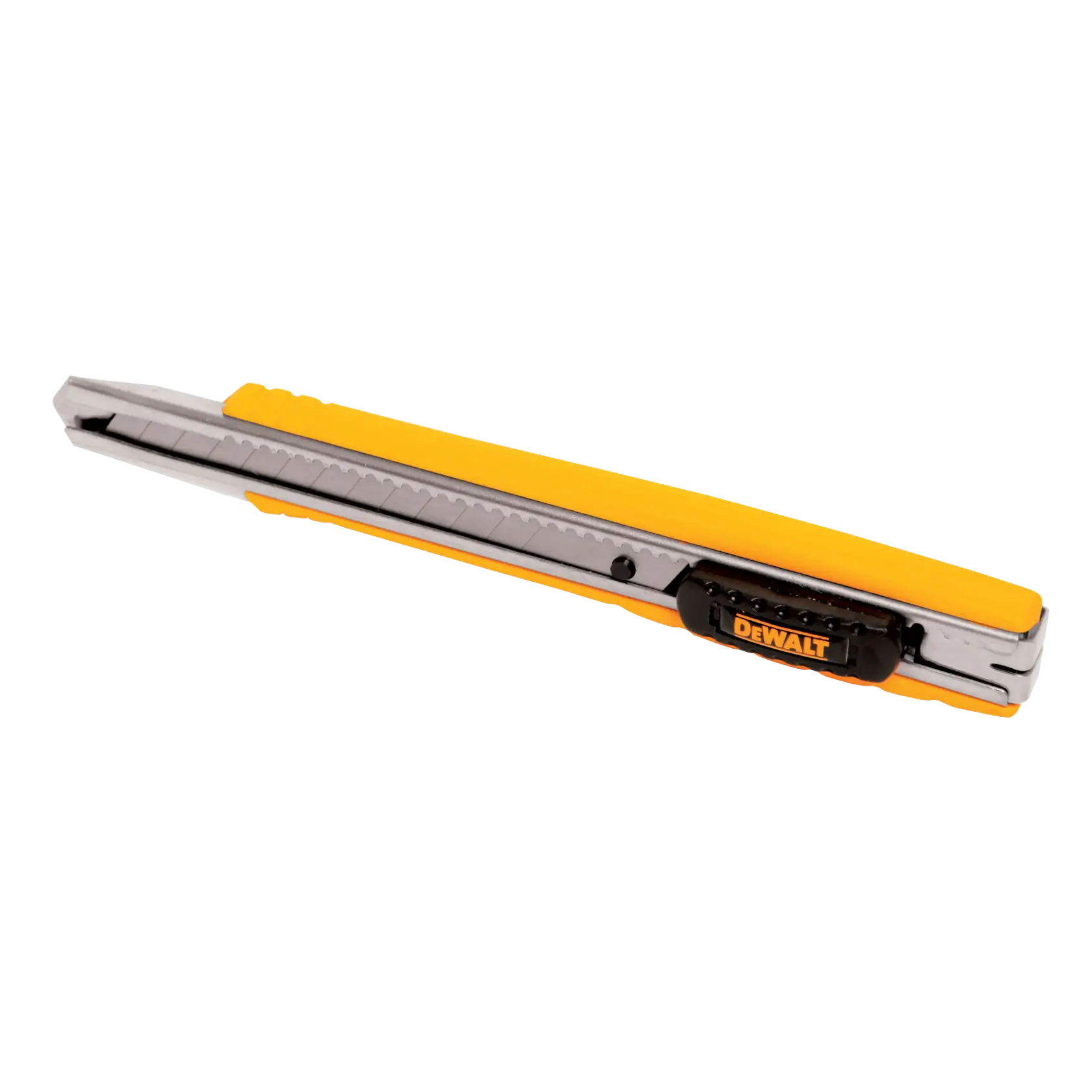 A yellow and silver DEWALT utility knife with a retractable blade and a black slider.
