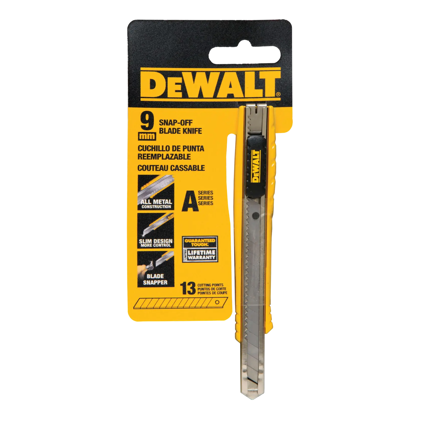 Packaged DEWALT 9mm snap-off blade knife with metal construction, yellow and black packaging. The product is labeled in English, Spanish, and French, highlighting features such as a slim design, blade snapper, and lifetime warranty.
