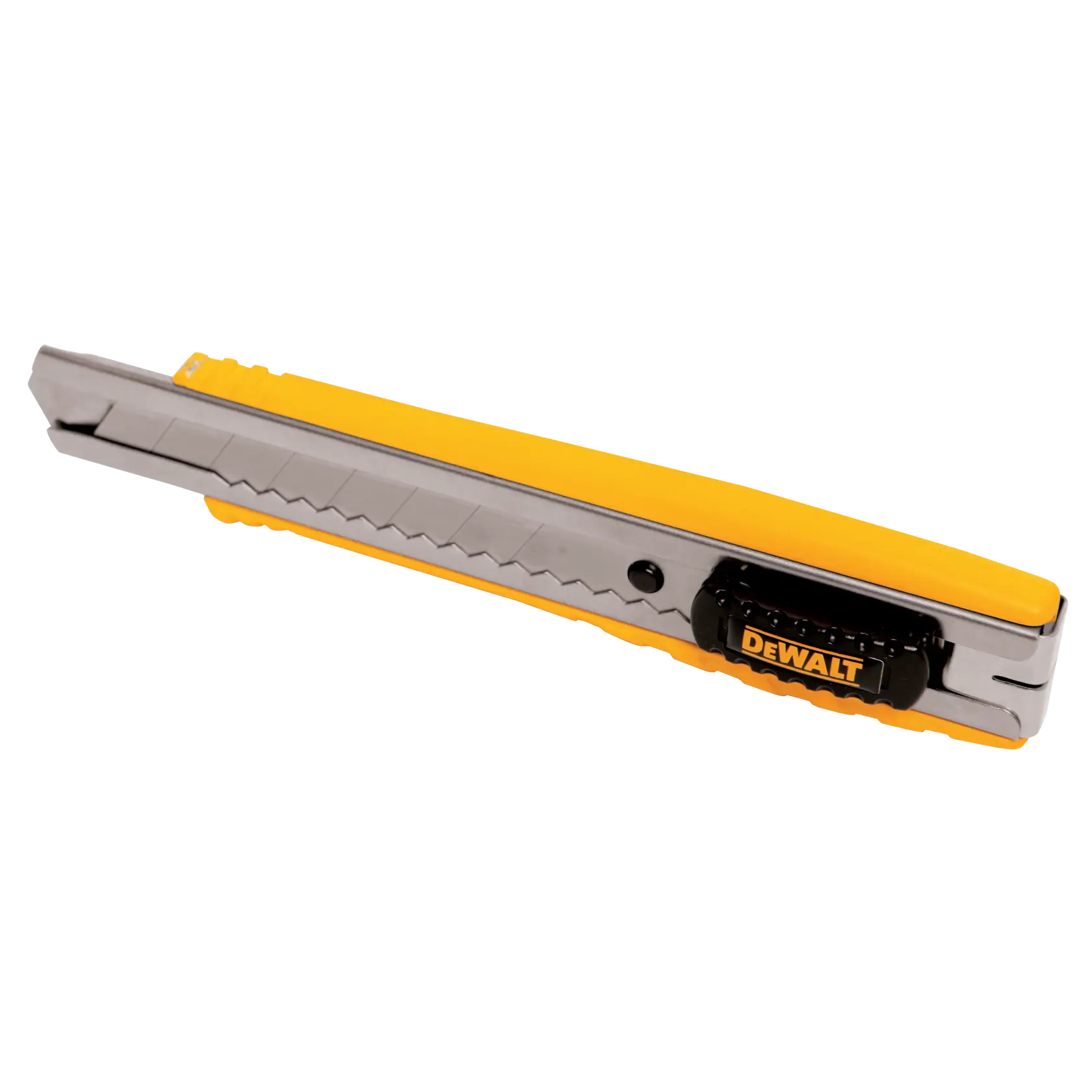 A yellow and silver utility knife with a retractable blade and a black DEWALT logo on the handle.