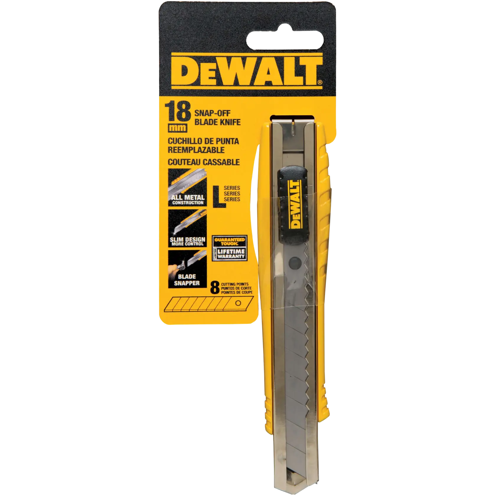 A DEWALT 18 mm snap-off blade knife in its yellow and black packaging. The packaging highlights the features: all metal construction, slim design for more control, blade snapper, 8 cutting points, and a lifetime warranty.