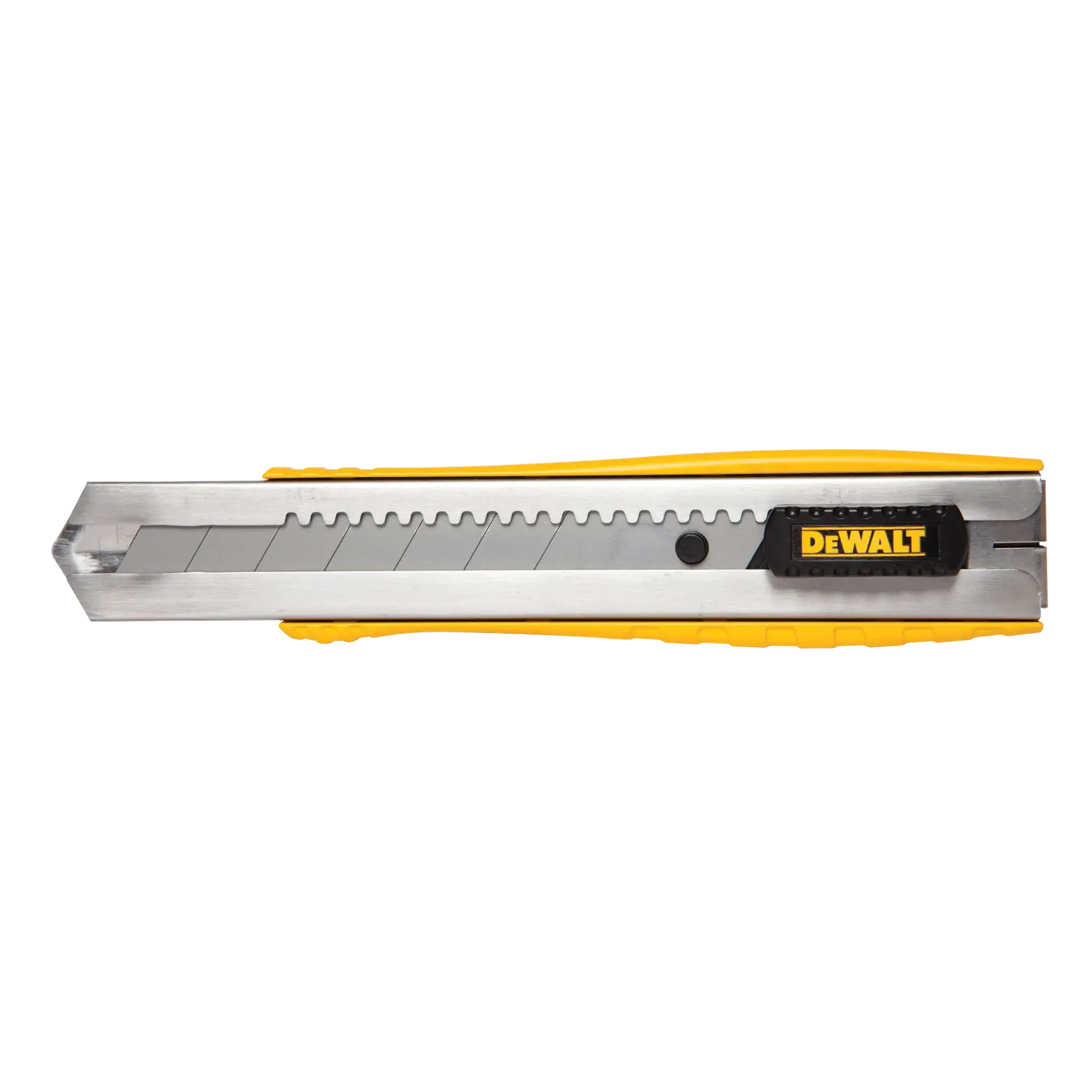 A DEWALT utility knife with a retractable segmented blade and a yellow and silver handle, designed for cutting tasks.