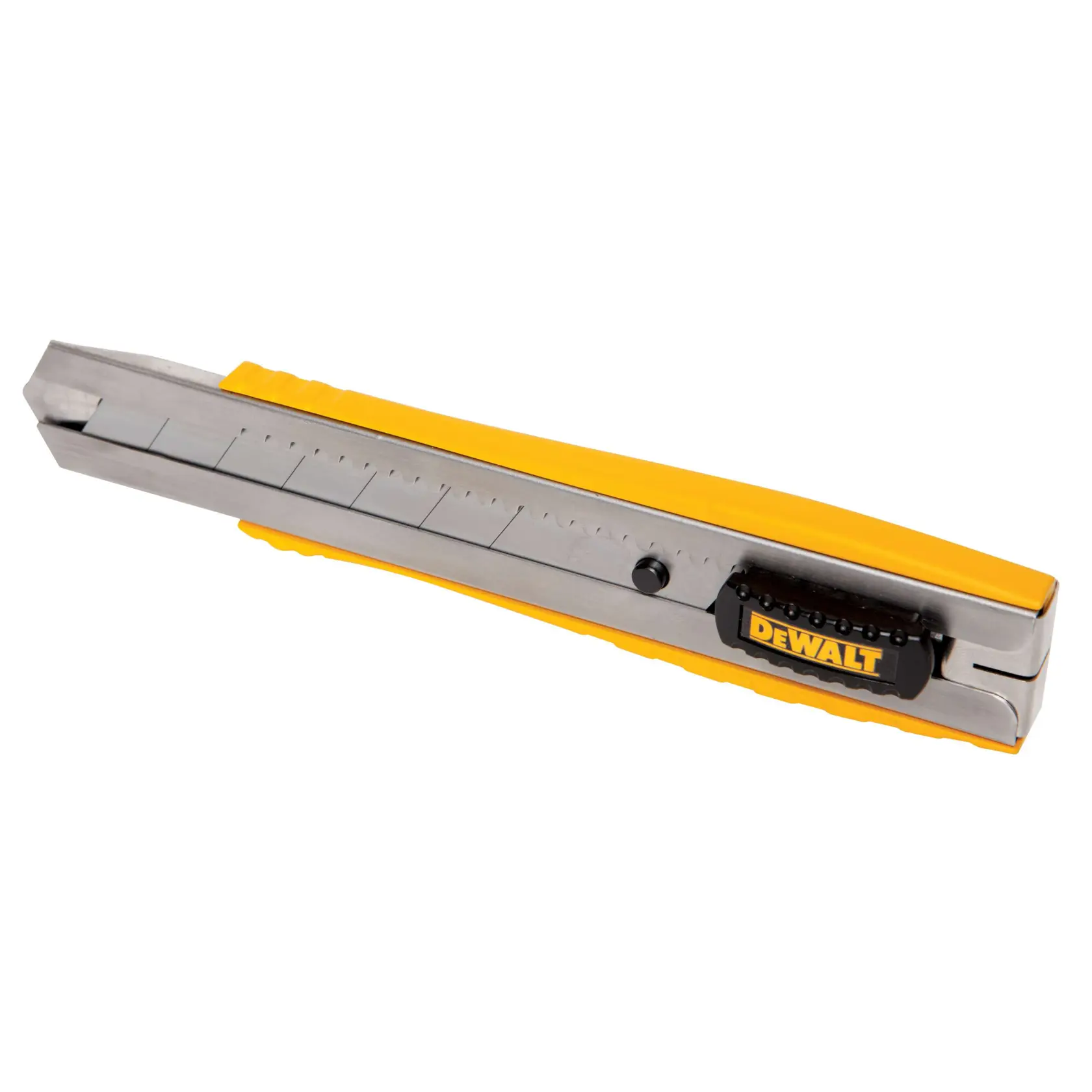 A DEWALT utility knife with a yellow and silver design, featuring an extendable blade and a black slider with the DEWALT logo.