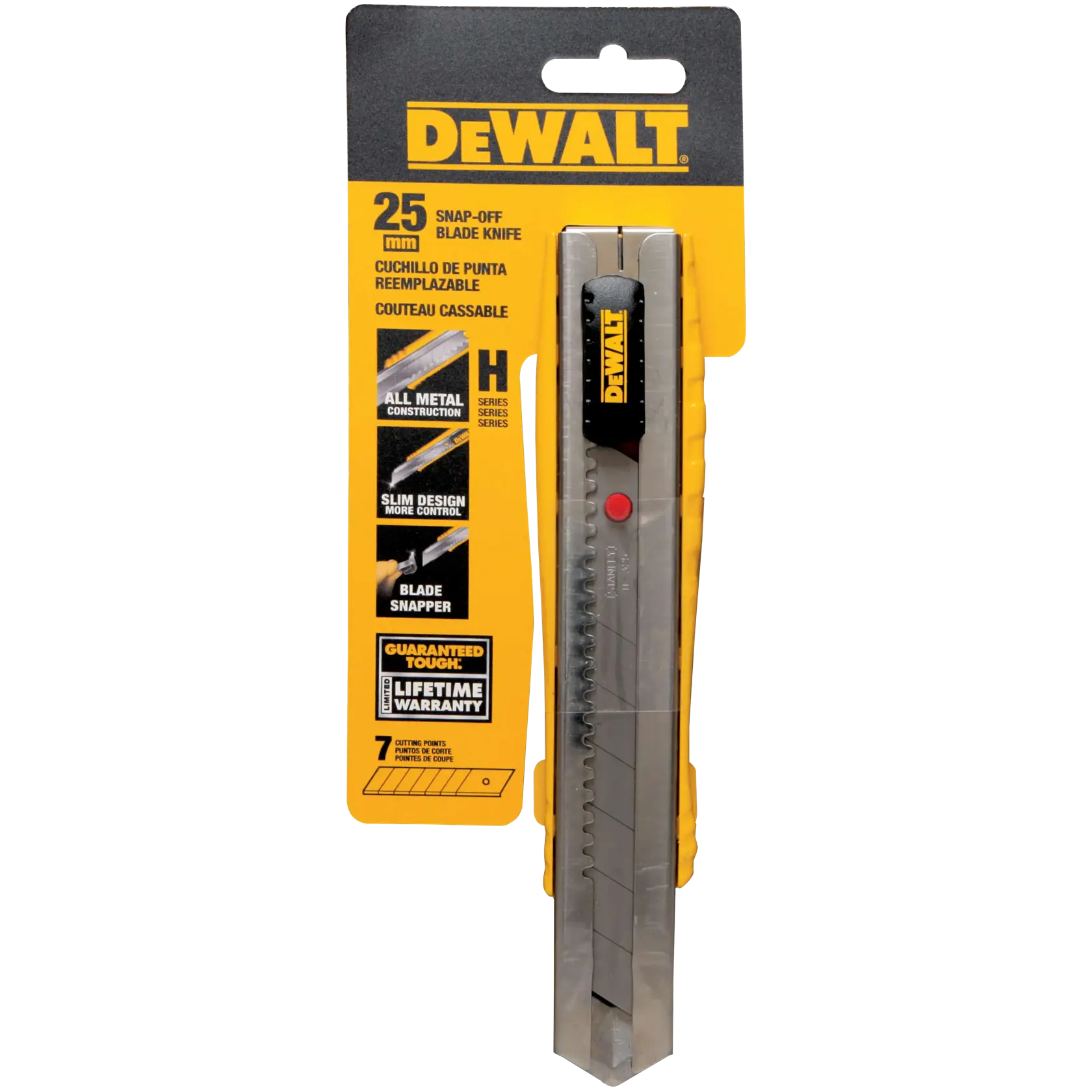DEWALT 25 mm snap-off blade knife in packaging, showing features such as all-metal construction, slim design, blade snapper, and lifetime warranty.