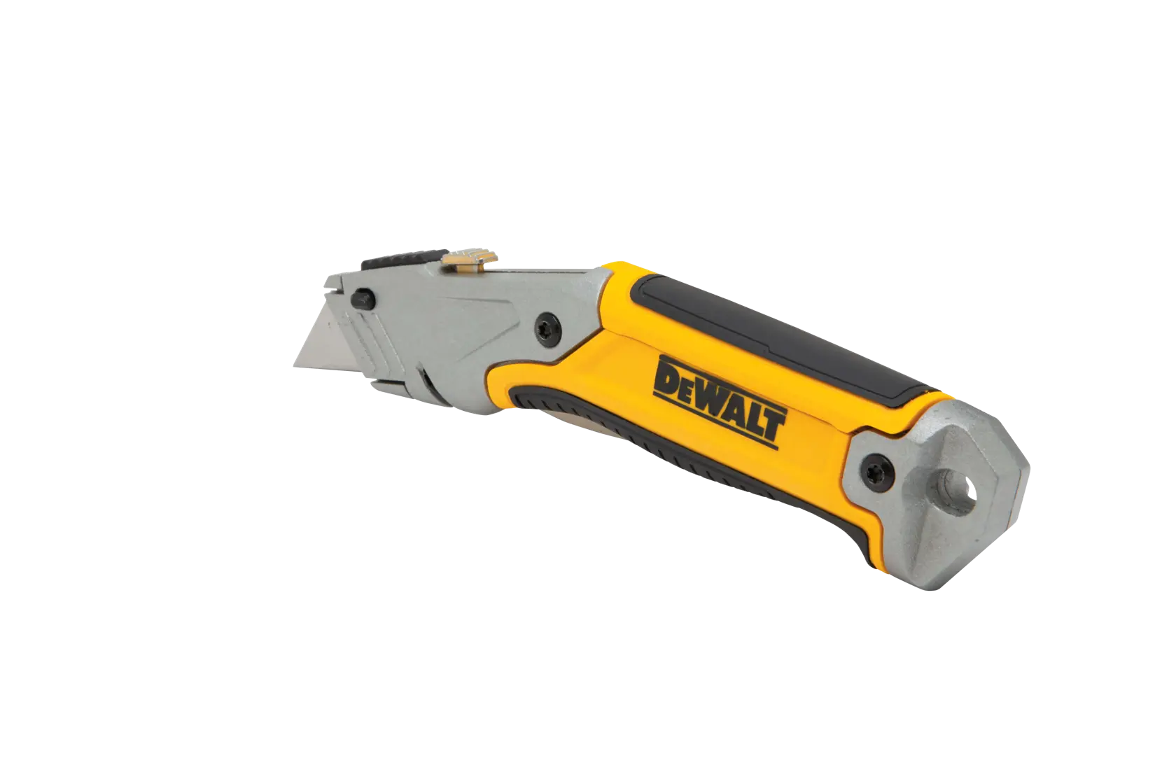 A DEWALT utility knife with a yellow and black handle, featuring a retractable blade and ergonomic grip, shown against a white background.