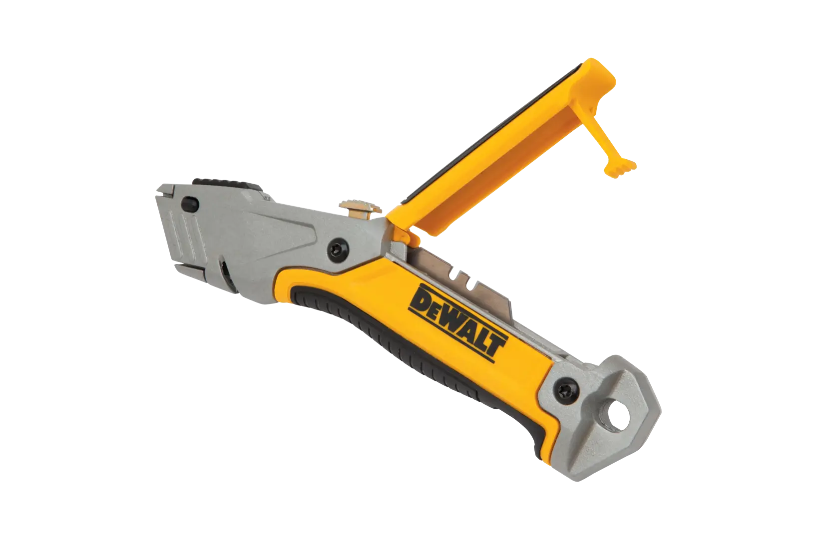A DEWALT utility knife with a yellow and gray handle and a black grip, featuring a blade storage compartment open on the top.