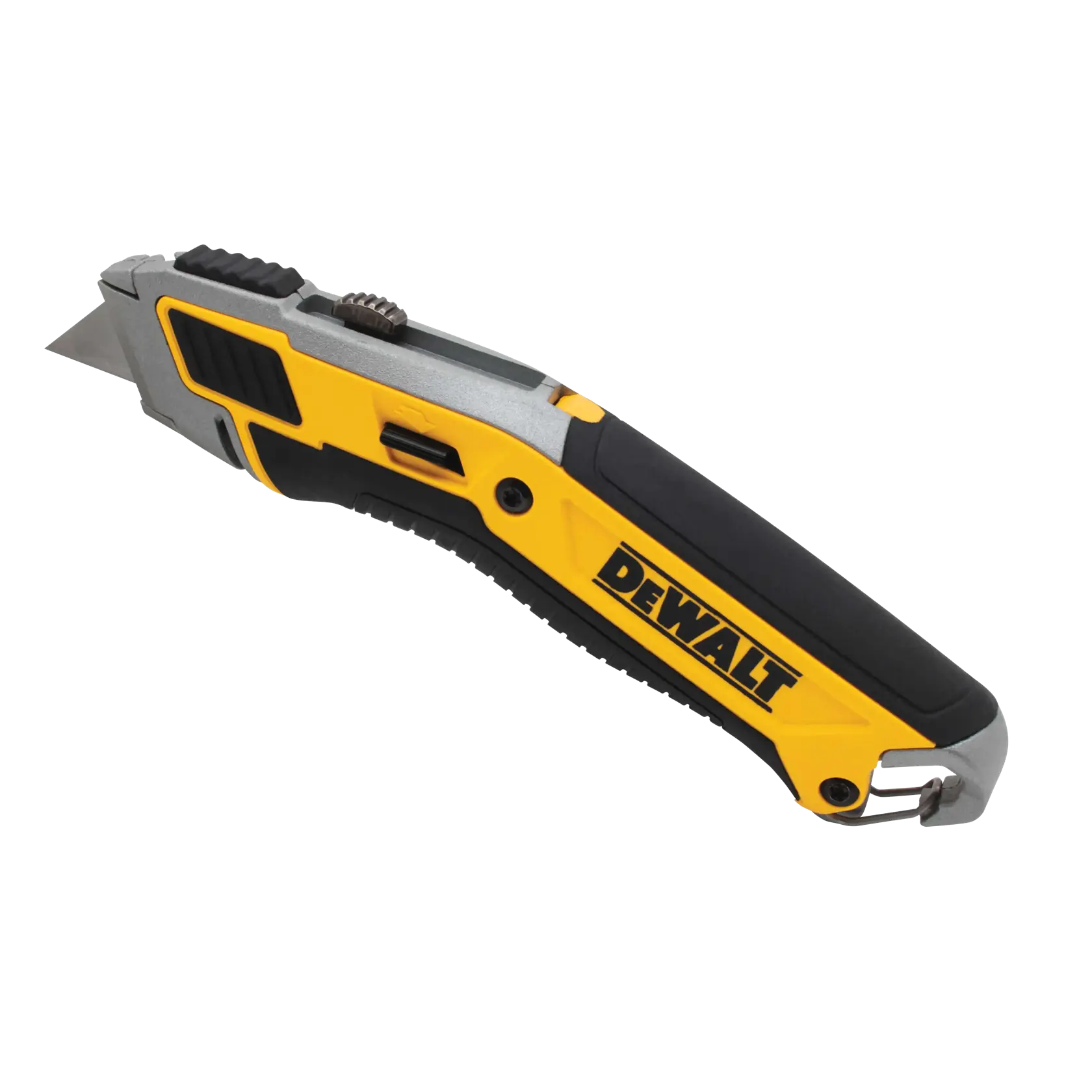 A DEWALT utility knife with a retractable blade, featuring a yellow and black ergonomic handle.