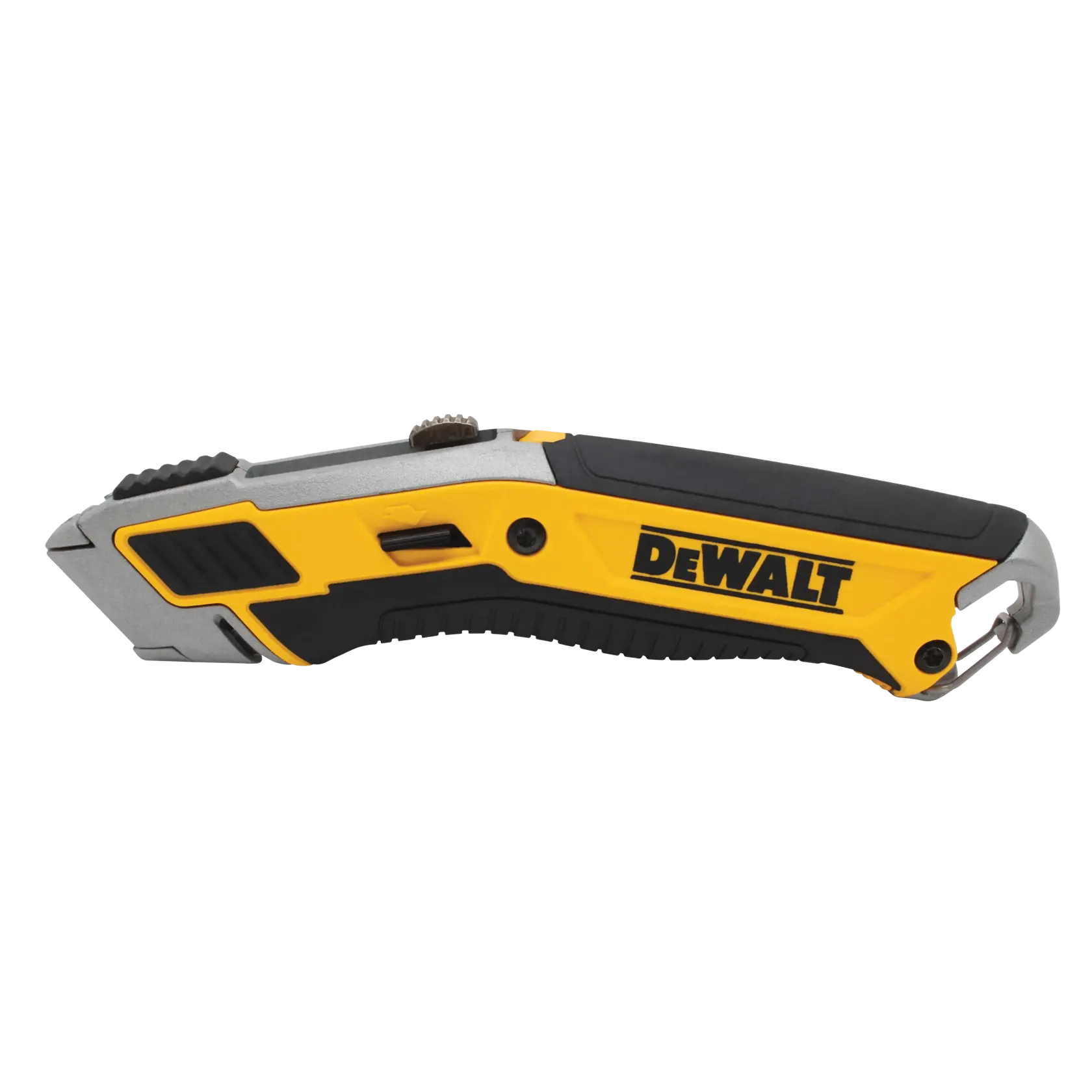 A DEWALT folding utility knife with a yellow and black handle featuring the DEWALT logo, shown from the side.