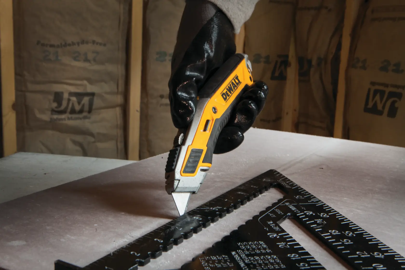 A person wearing black gloves uses a DEWALT utility knife to cut material, with a black square ruler placed on the surface.