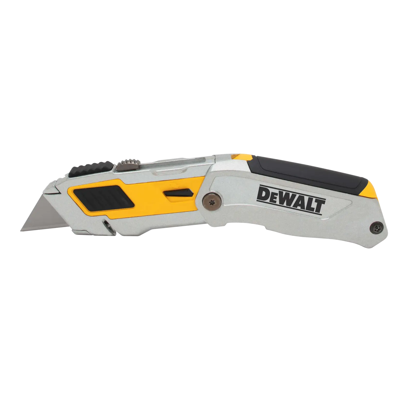 A DEWALT folding utility knife with a silver, yellow, and black design. The knife blade is extended and the DEWALT logo is visible on the handle.