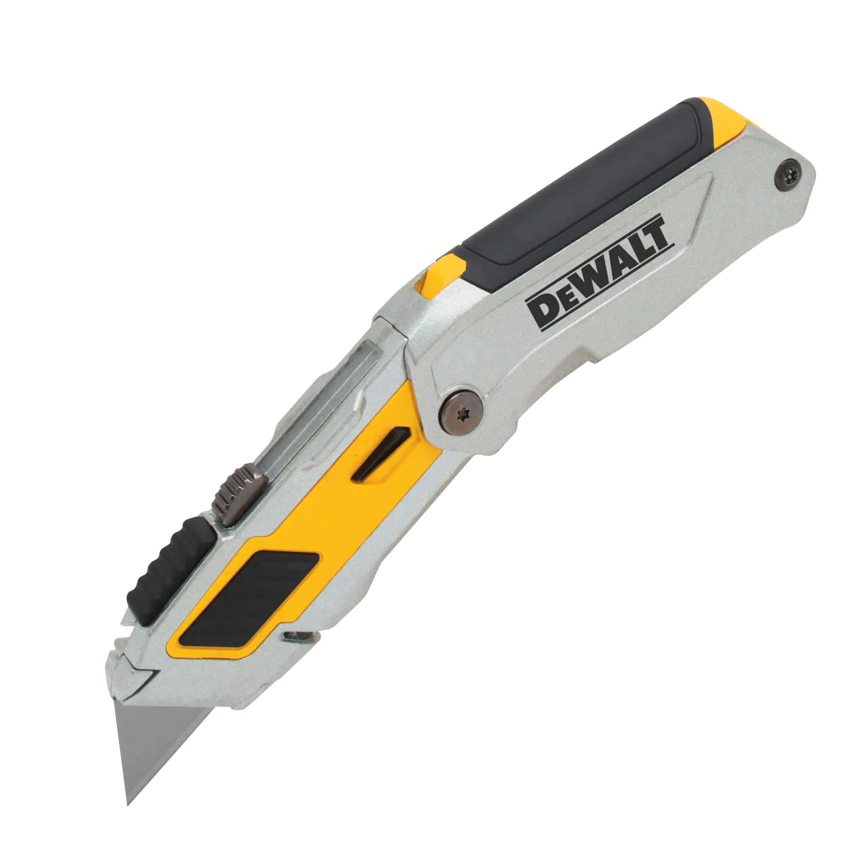 A DEWALT folding utility knife with a retractable blade, featuring a silver, yellow, and black design.