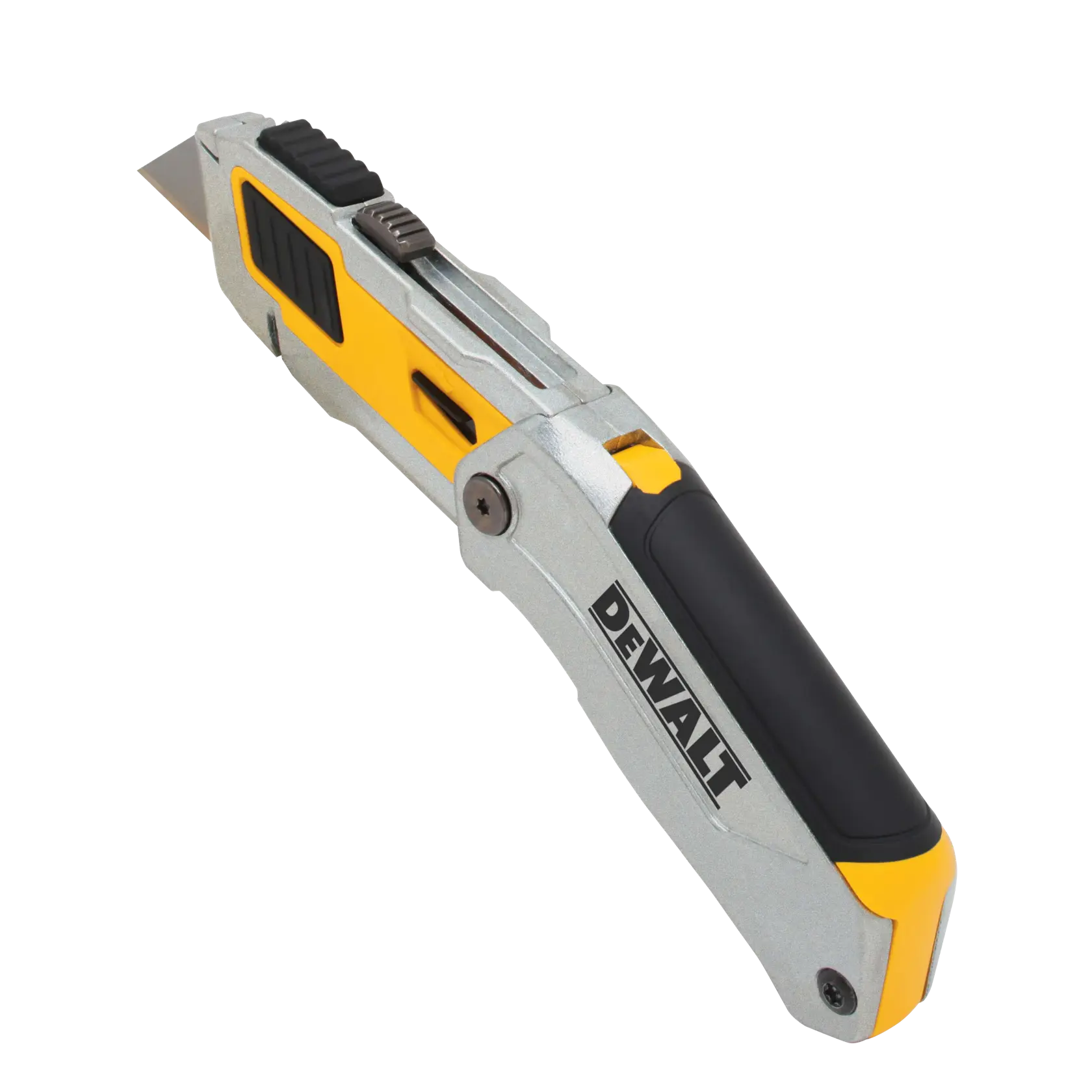 A DEWALT folding utility knife with a yellow and silver handle, black grip, and retractable blade.