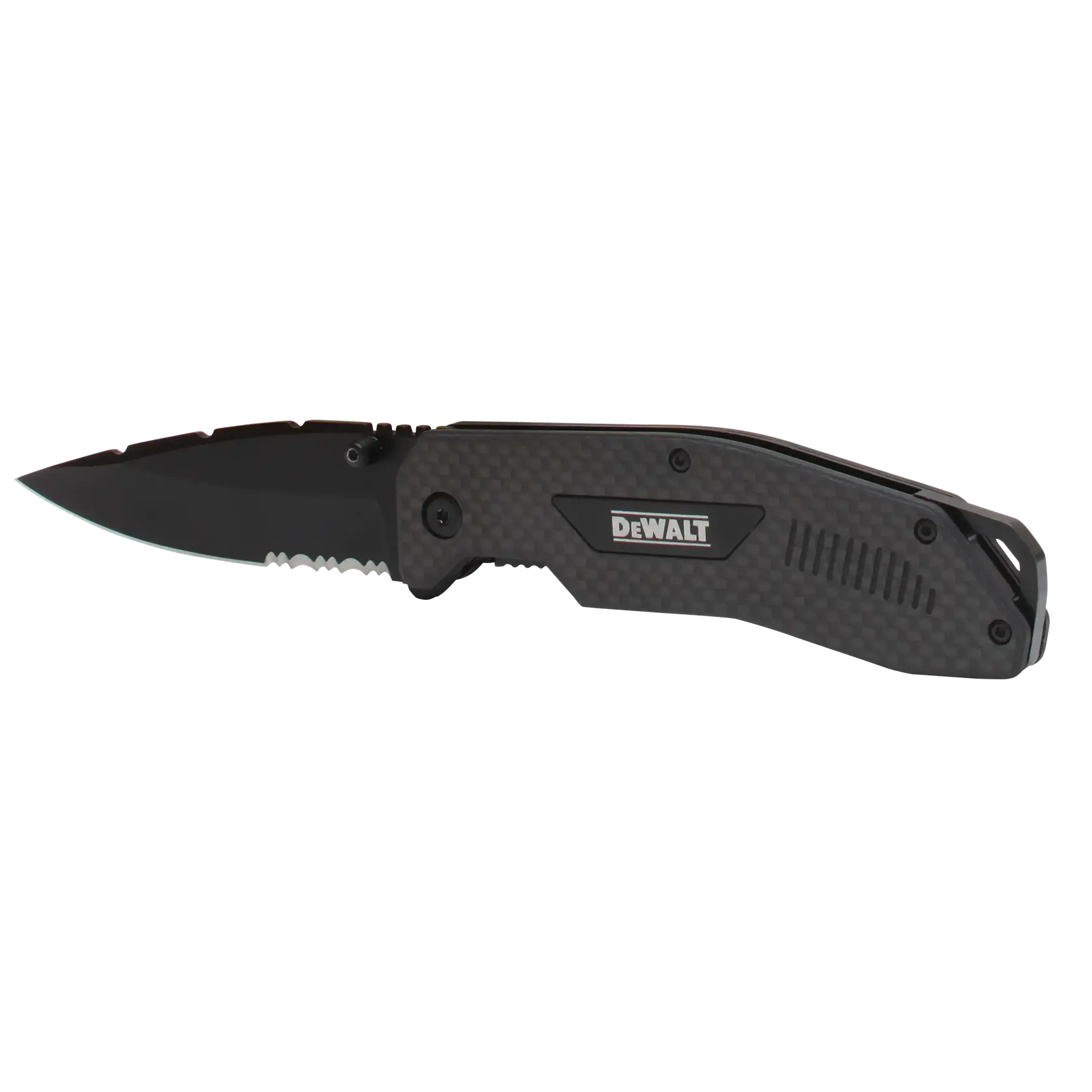 A black DEWALT folding pocket knife with a partially serrated blade and textured handle.