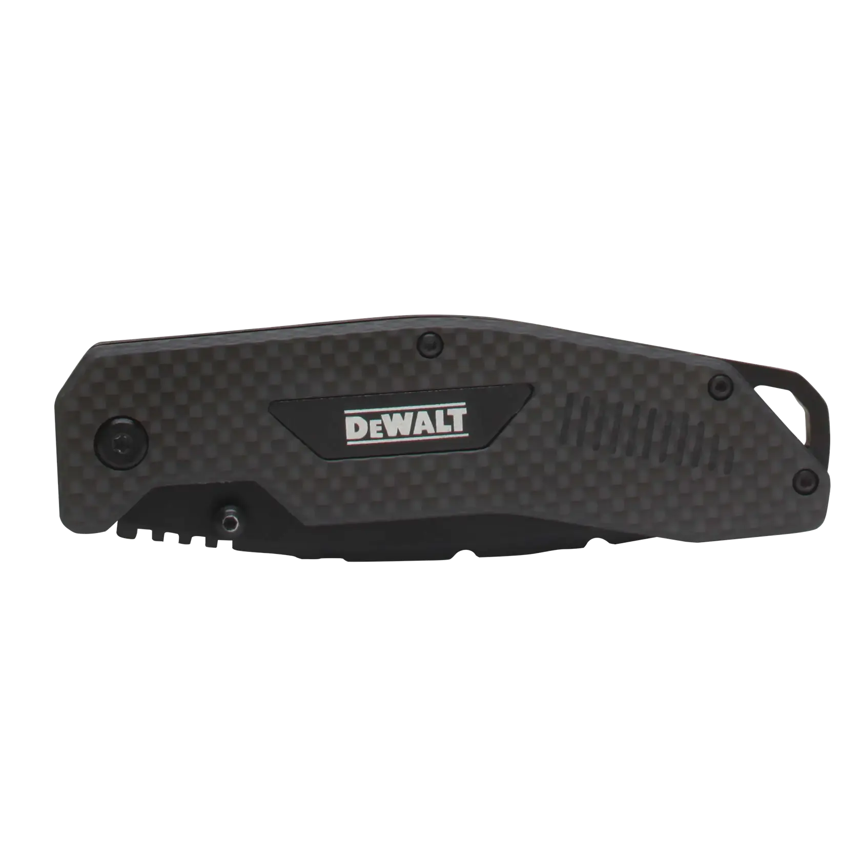 A closed DEWALT folding pocket knife with a textured black handle and the DEWALT logo on the side.