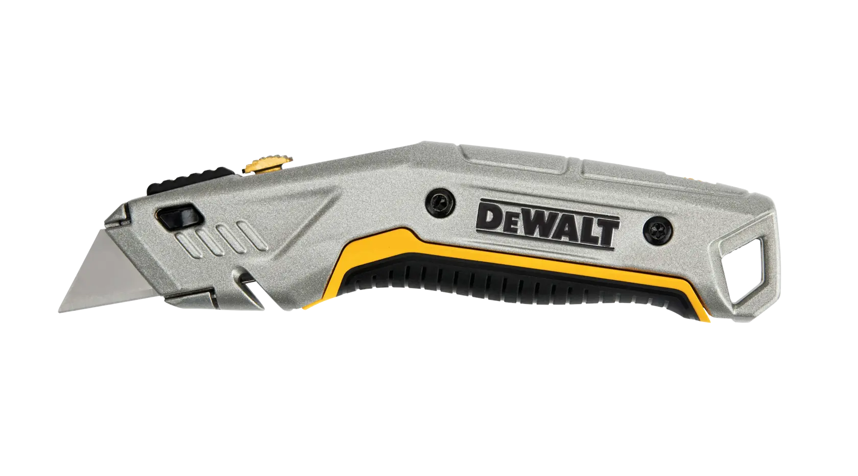 A DEWALT utility knife with a retractable blade and ergonomic handle, shown against a white background.