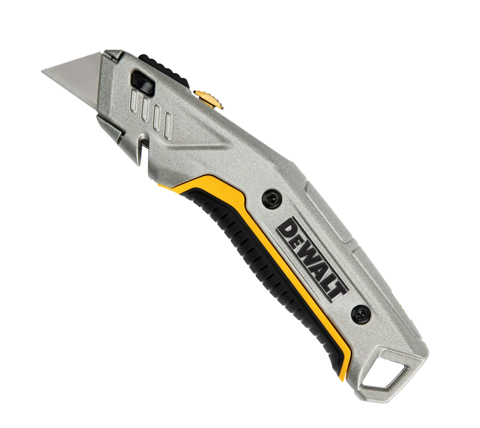 A DEWALT utility knife with a retractable blade, featuring a gray and yellow ergonomic handle.