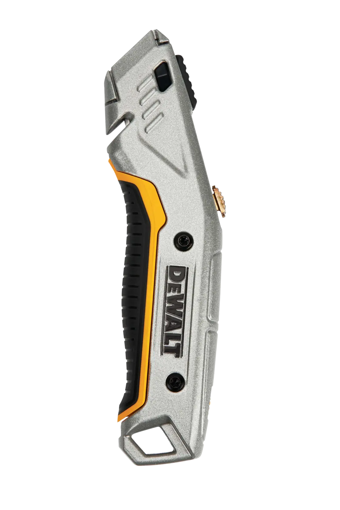A DEWALT utility knife with a silver and black handle and yellow accents, shown in a side profile view against a white background.