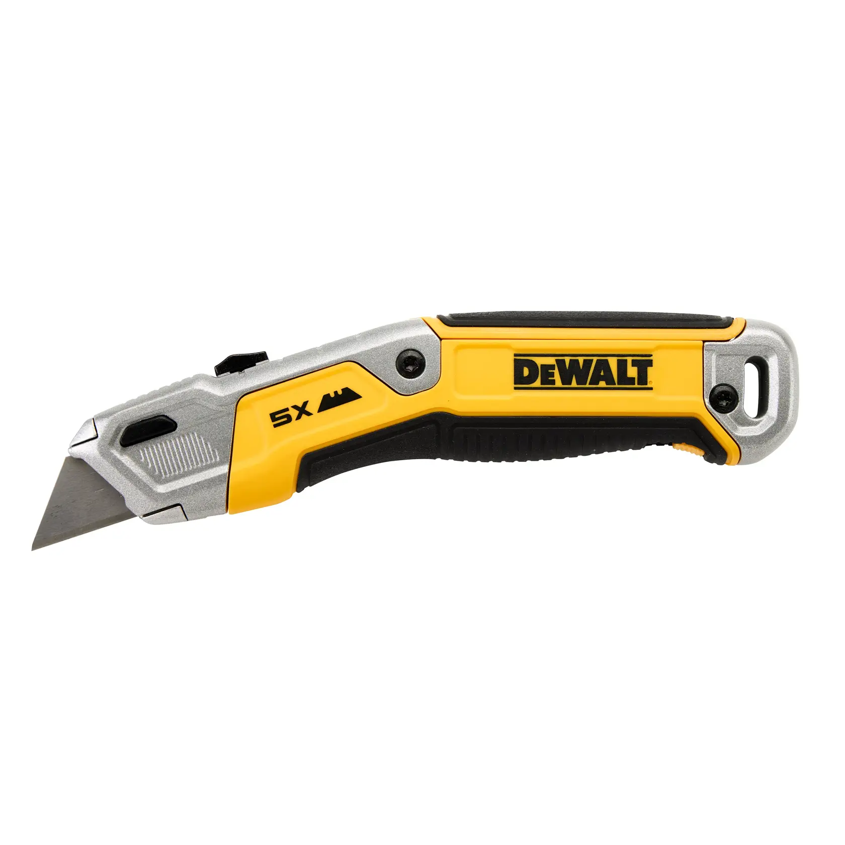 A yellow and black DEWALT utility knife with a retractable blade. The handle has a textured grip, and the DEWALT logo appears prominently on the side.