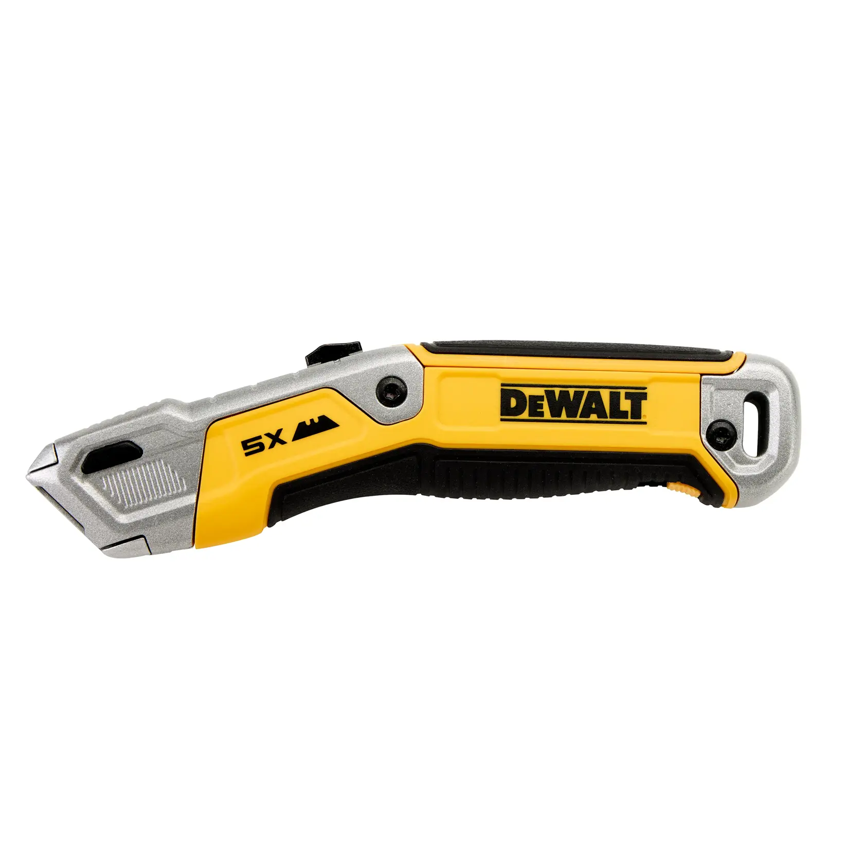 A DEWALT utility knife with a yellow and black ergonomic handle, featuring a metallic blade and labeled '5X' on the side. The knife is designed for heavy-duty cutting tasks.
