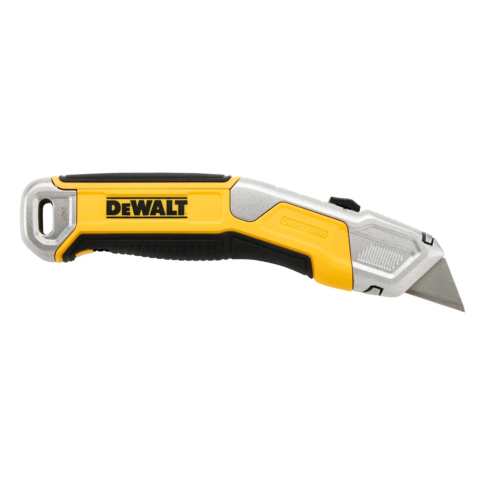 A DEWALT folding utility knife with a yellow and black handle and a silver blade, model DWHT10998.