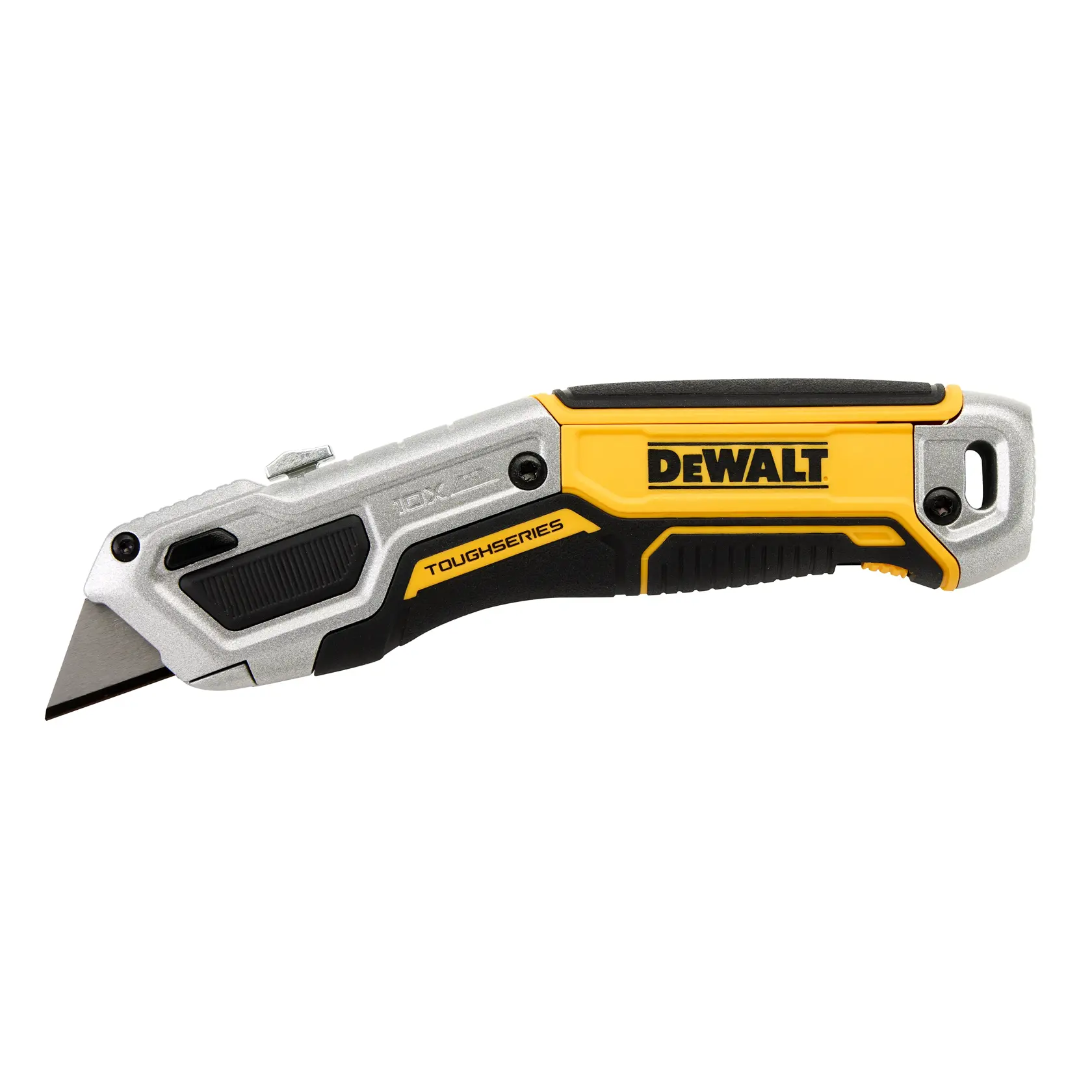 A DEWALT utility knife with a silver, yellow, and black handle, featuring the DEWALT logo and labeled ToughSeries.