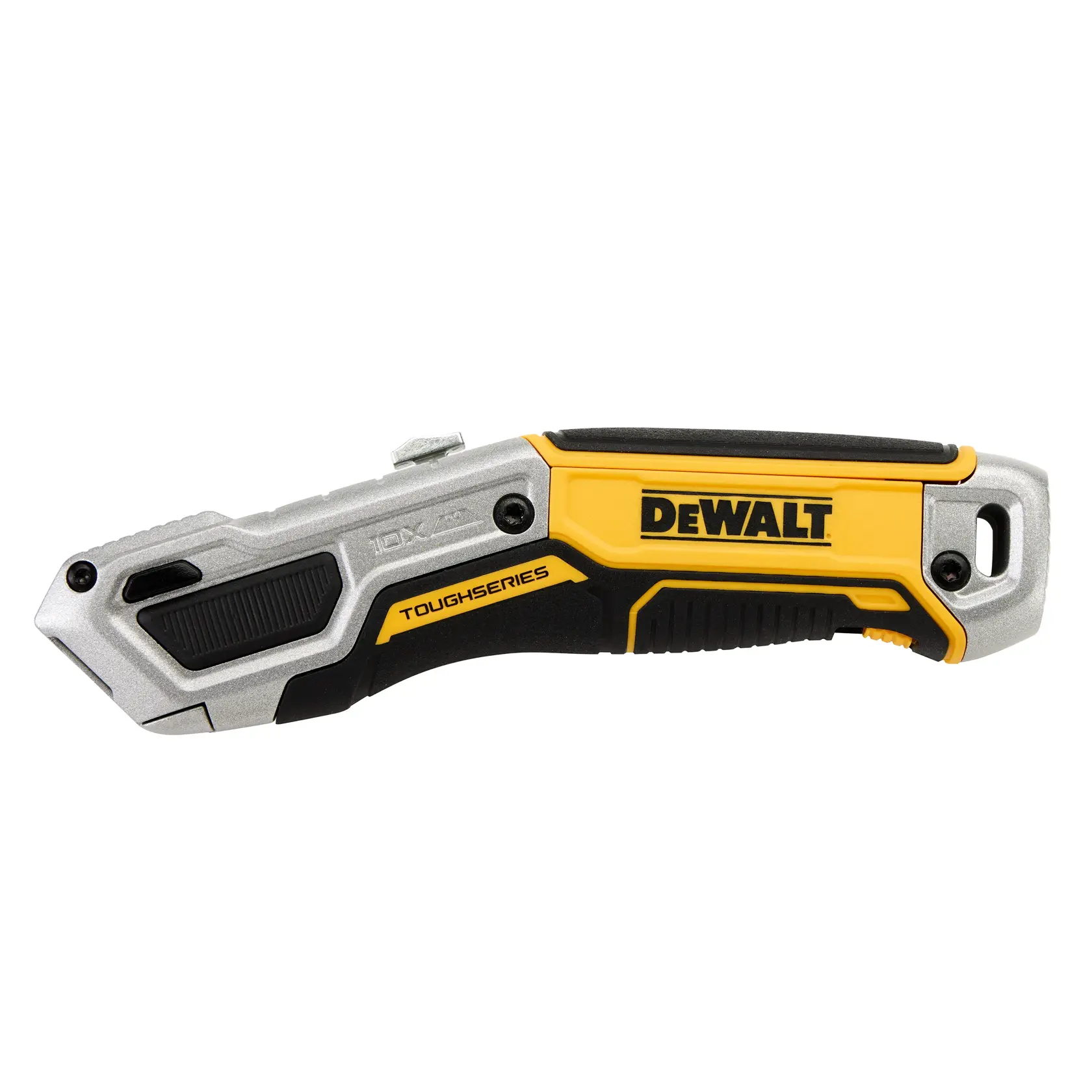 A DEWALT ToughSeries utility knife with a metal and yellow plastic handle, designed for heavy-duty use.