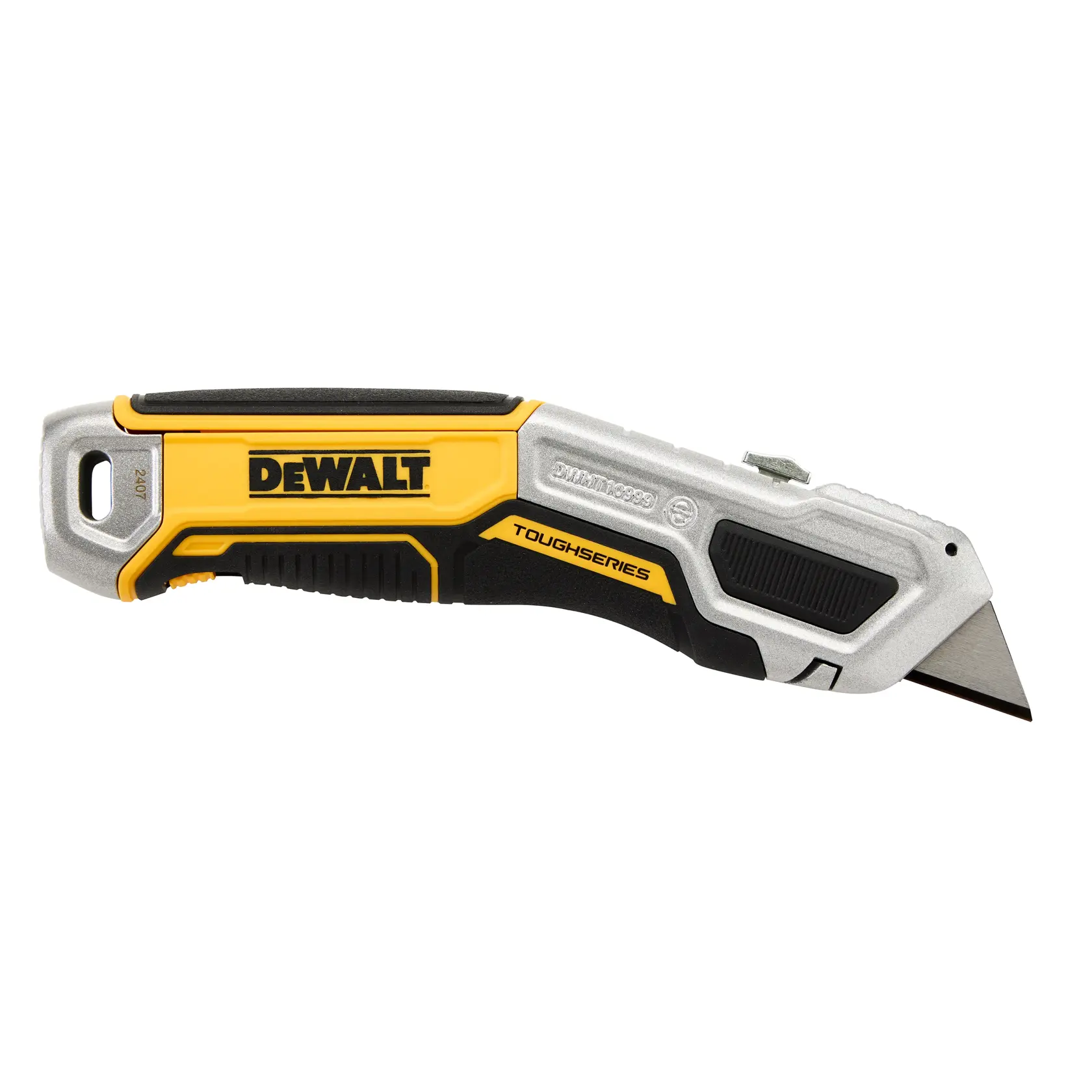 A DEWALT ToughSeries utility knife with a retractable blade, featuring a yellow, black, and silver ergonomic handle.