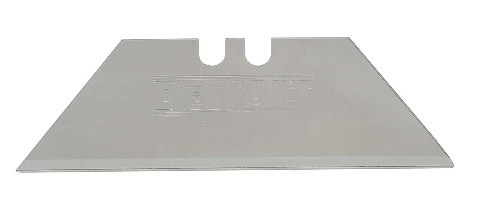 A single DEWALT utility knife replacement blade made of metal, with a sharp edge and notched top.