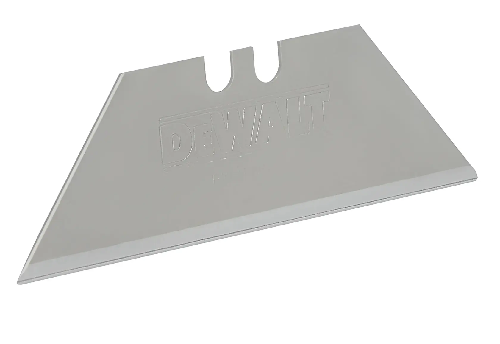 A close-up of a single DEWALT utility knife blade with a sharp edge and notched top, designed for use in utility knives.