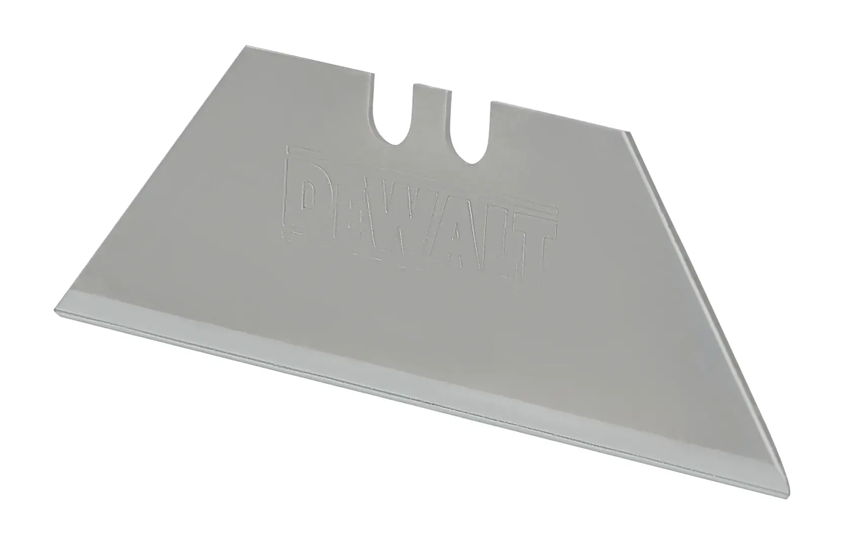 A close-up image of a DEWALT utility knife replacement blade with a sharp edge and two notches at the top.