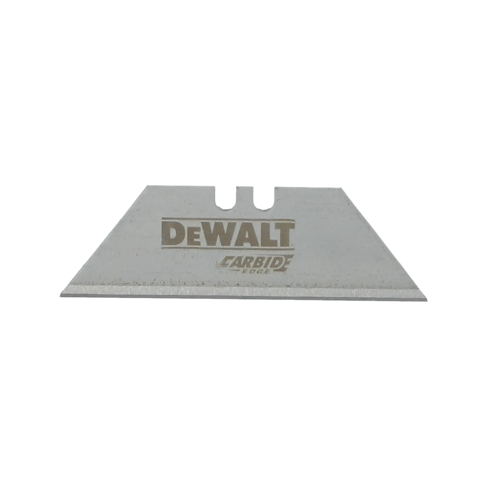 A close-up image of a DEWALT carbide edge utility knife blade with a straight cutting edge and two notches near the top.