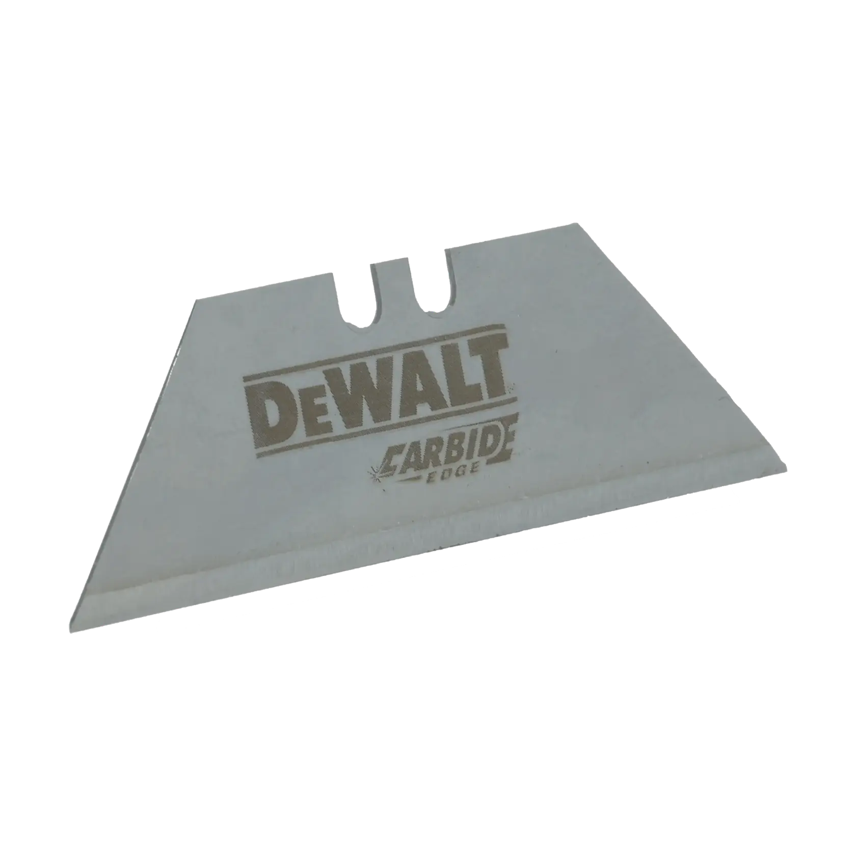 A DEWALT branded utility knife blade with 'Carbide Edge' written beneath the logo, featuring a straight cutting edge and two mounting notches.