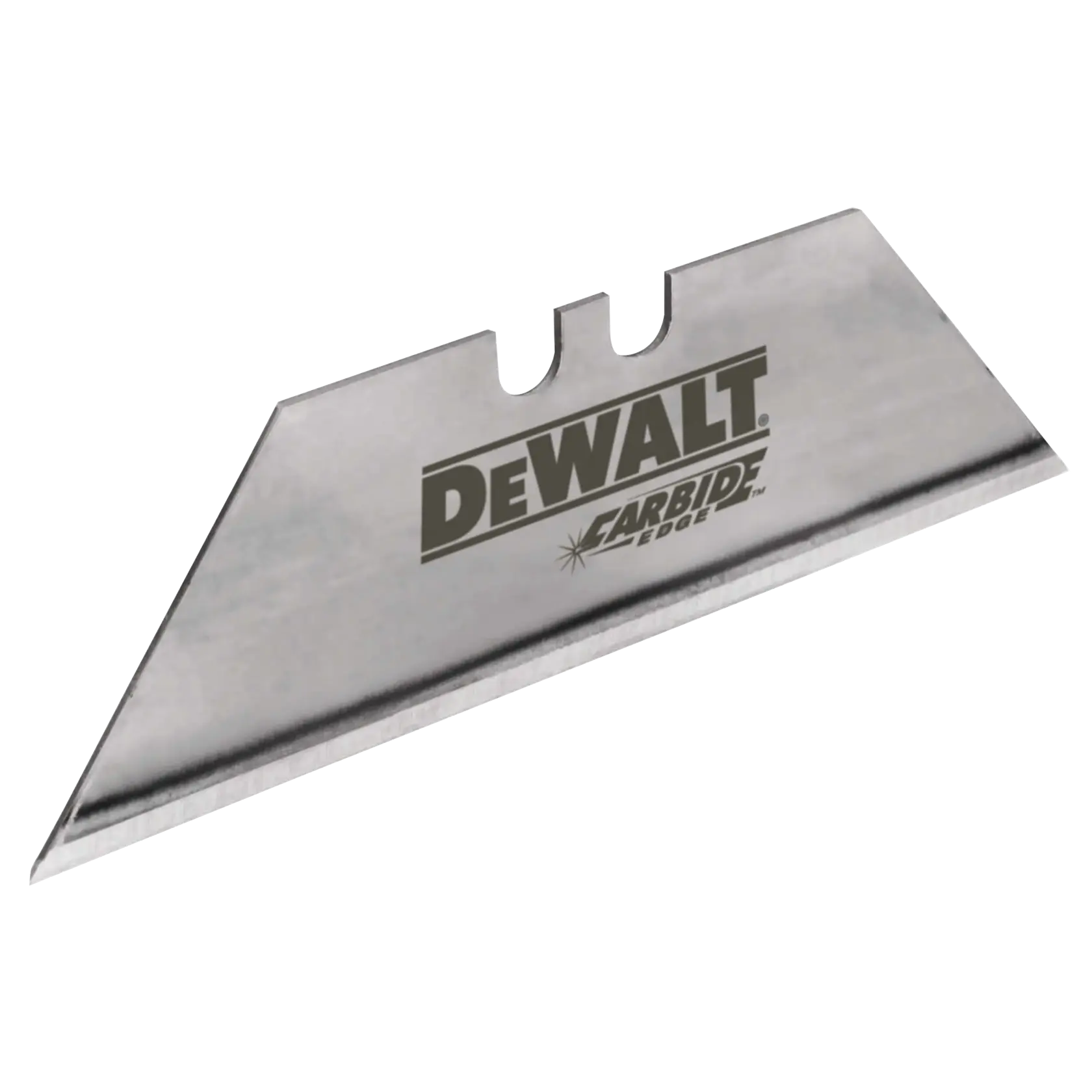 A single DEWALT carbide edge utility blade with a sharp, angled cutting edge. The DEWALT logo and 'Carbide Edge' are printed on the blade.