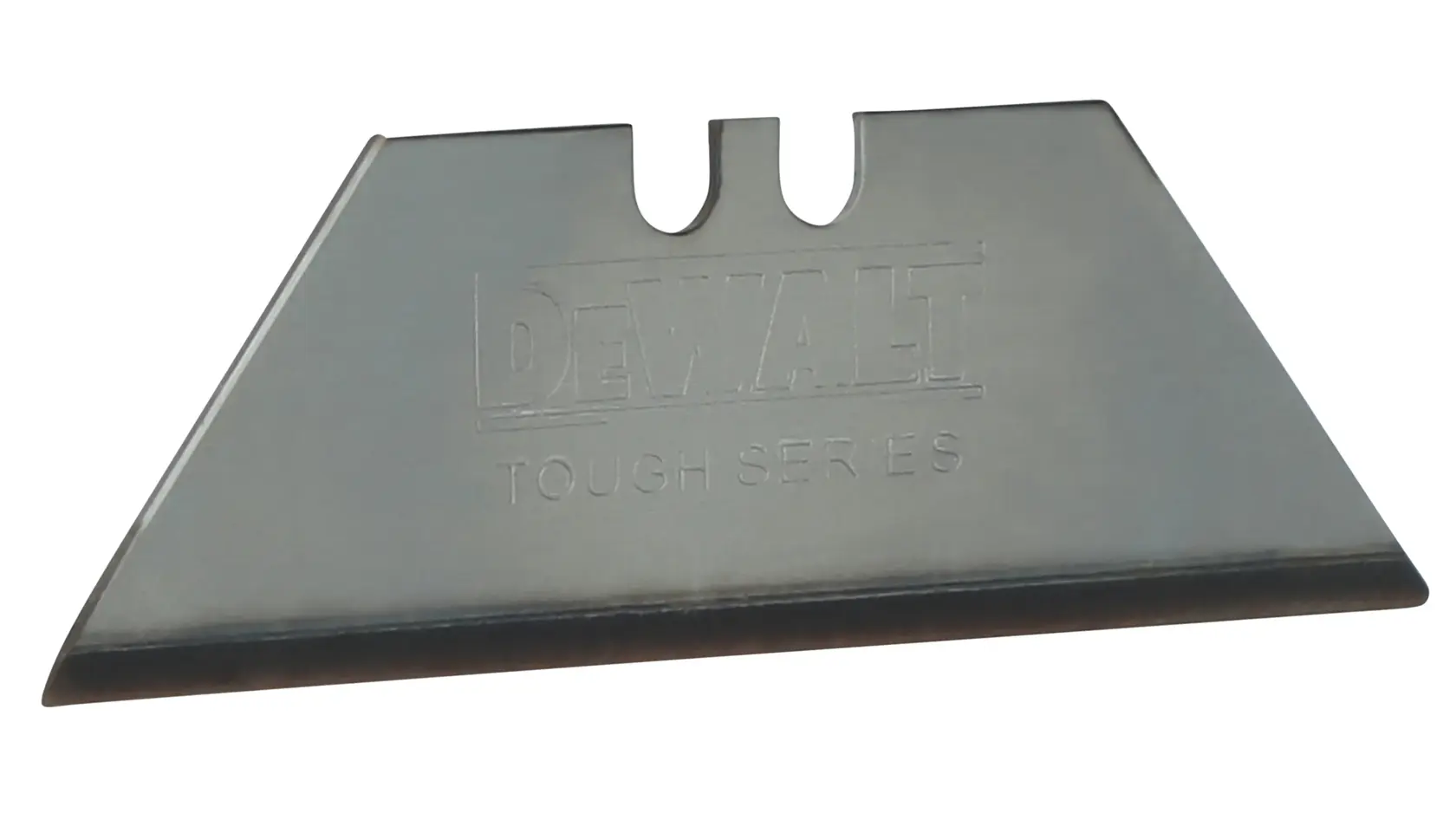 A close-up image of a DEWALT Tough Series utility knife replacement blade with a silver finish.