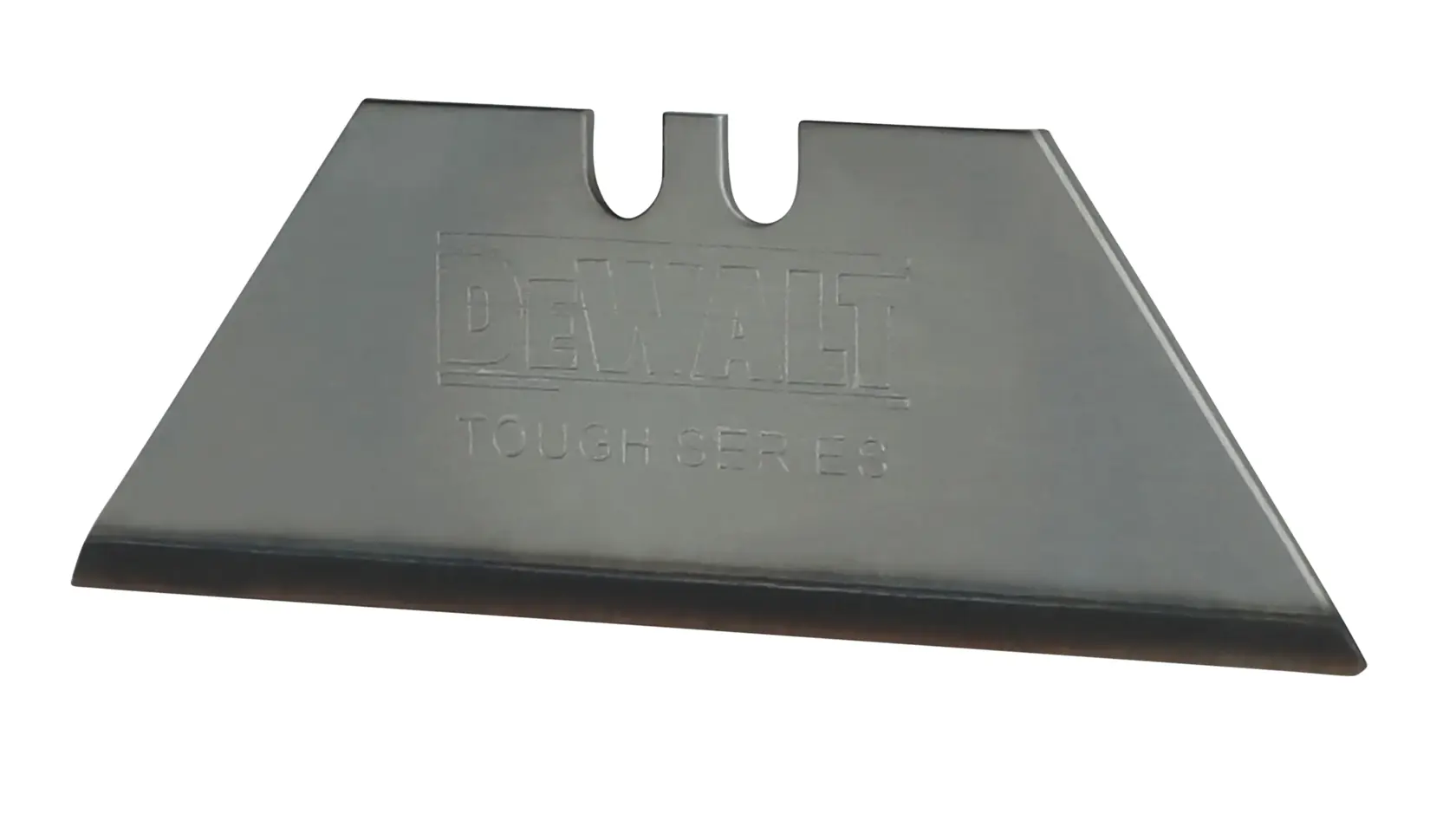 A single DEWALT Tough Series utility knife blade, made of metal with a sharp edge and two notches at the top.