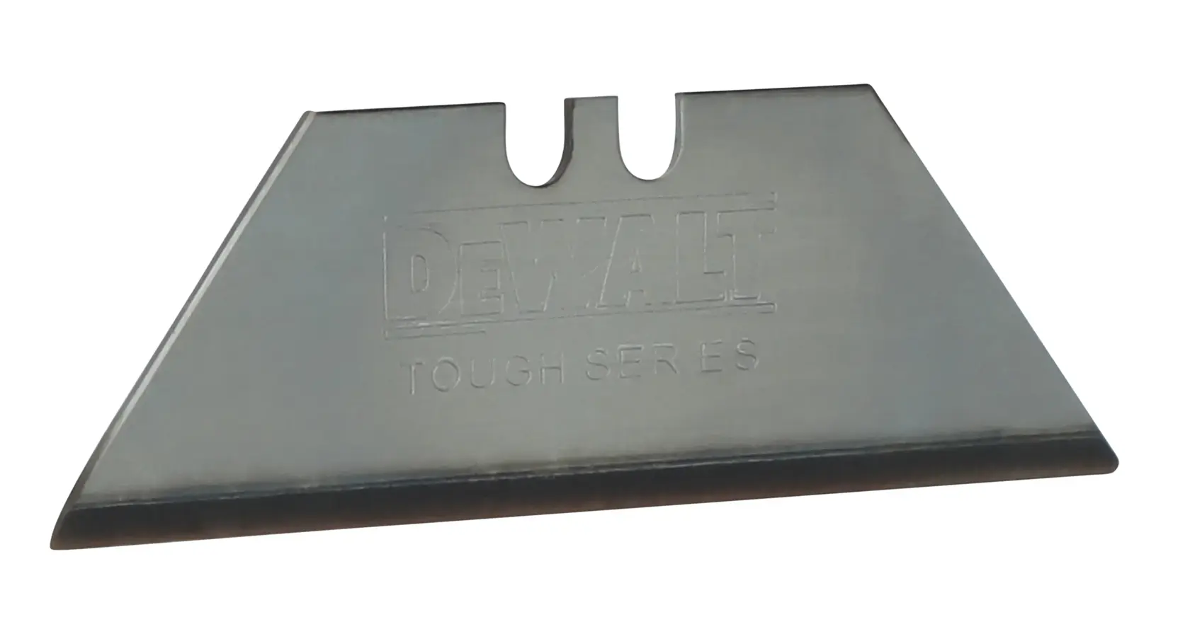 A close-up image of a DEWALT Tough Series utility razor blade. The blade is metallic and trapezoidal in shape, with two notches at the top for fitting into a utility knife.