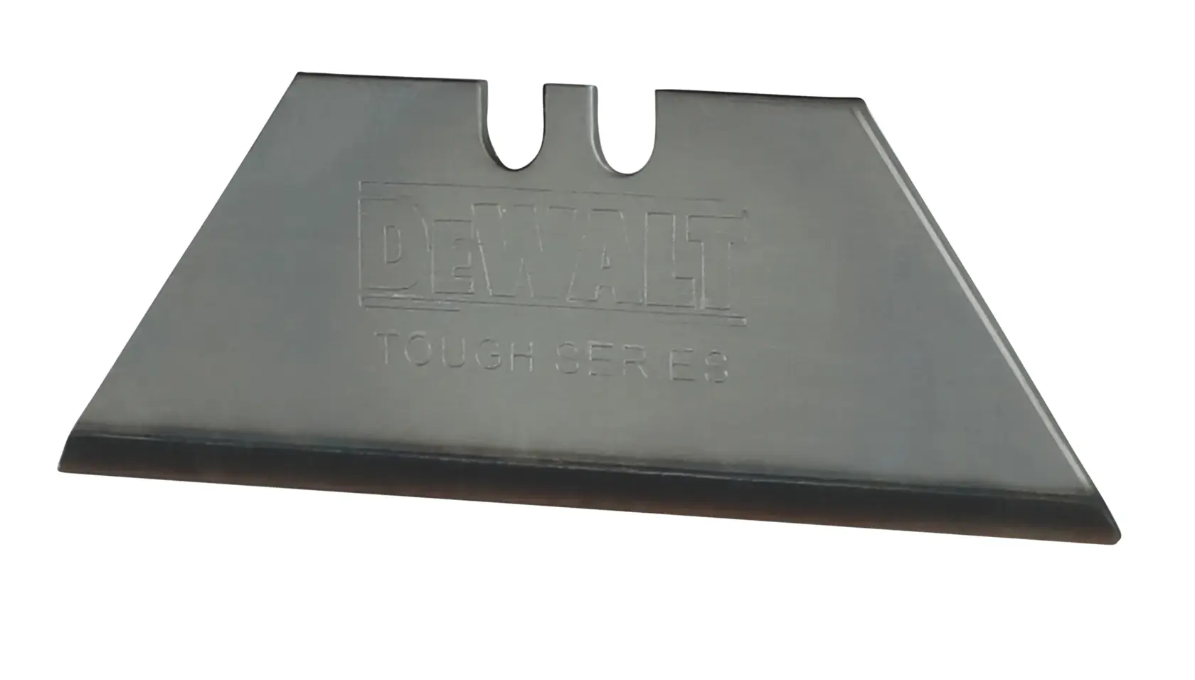A single DEWALT Tough Series utility knife blade with beveled edges and two notches, designed for use in utility knives.