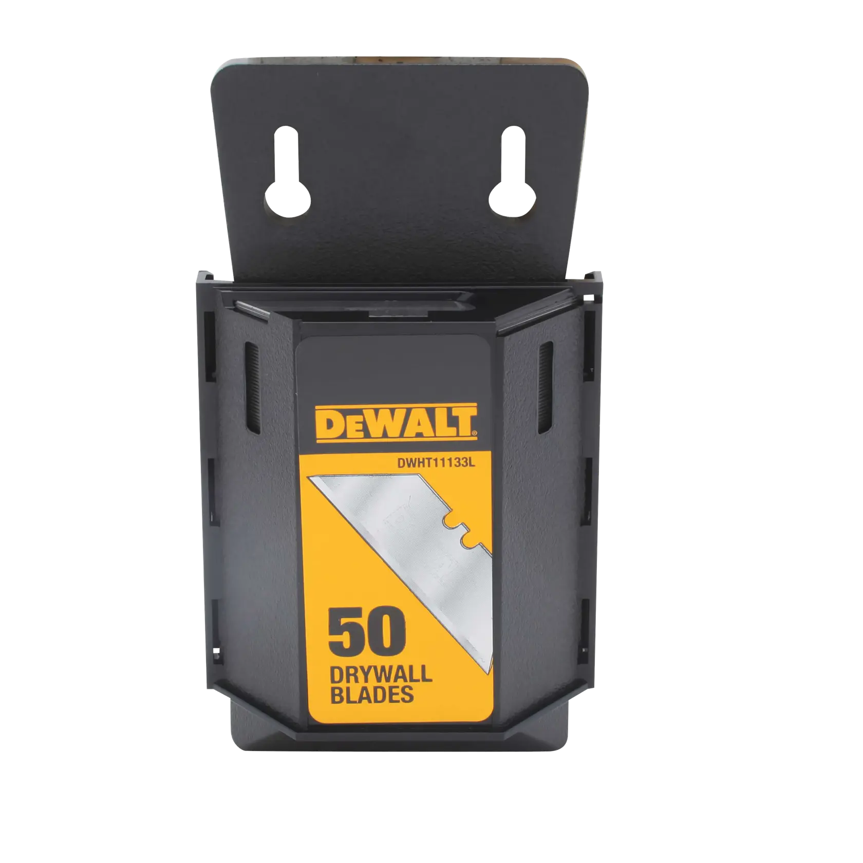 A DEWALT branded pack containing 50 drywall blades, model DWHT11133L. The pack is black with yellow labeling and designed for easy dispensing.