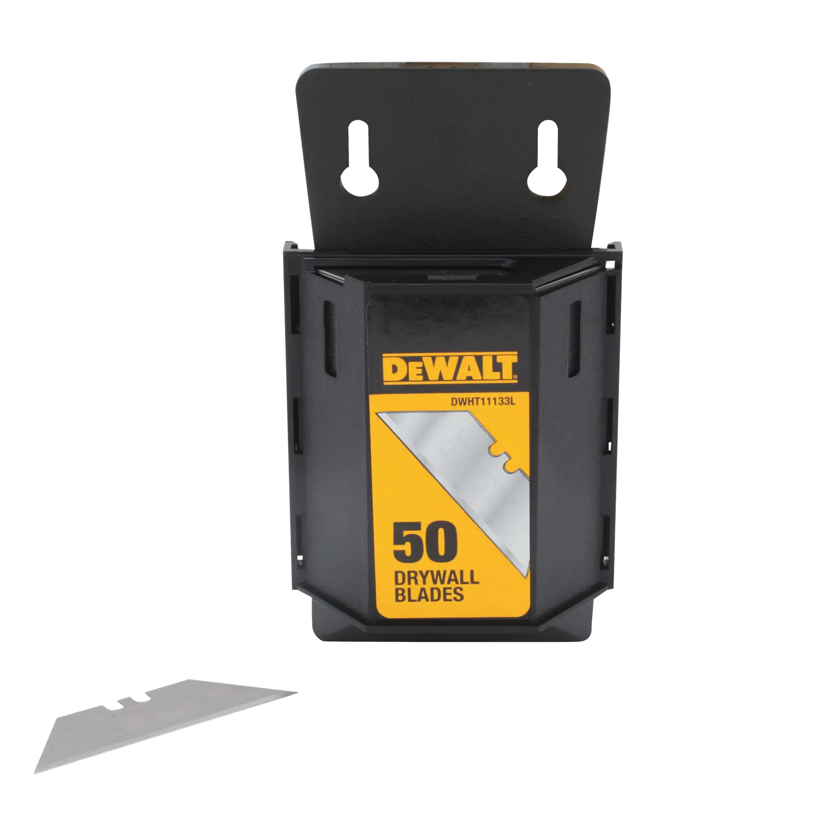 A DEWALT DWHT11133L pack containing 50 drywall blades, shown with its black and yellow packaging and a single blade displayed outside the pack.